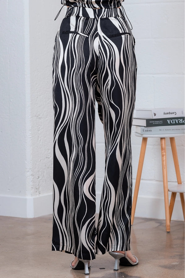 BLACK/IVORY PRINT HIGH WAISTED WIDE LEG SATIN PANTS