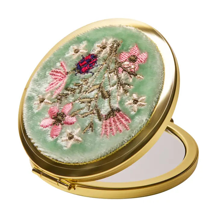 AQUA BOUQUET VELVET EMBROIDERED COMPACT MIRROR