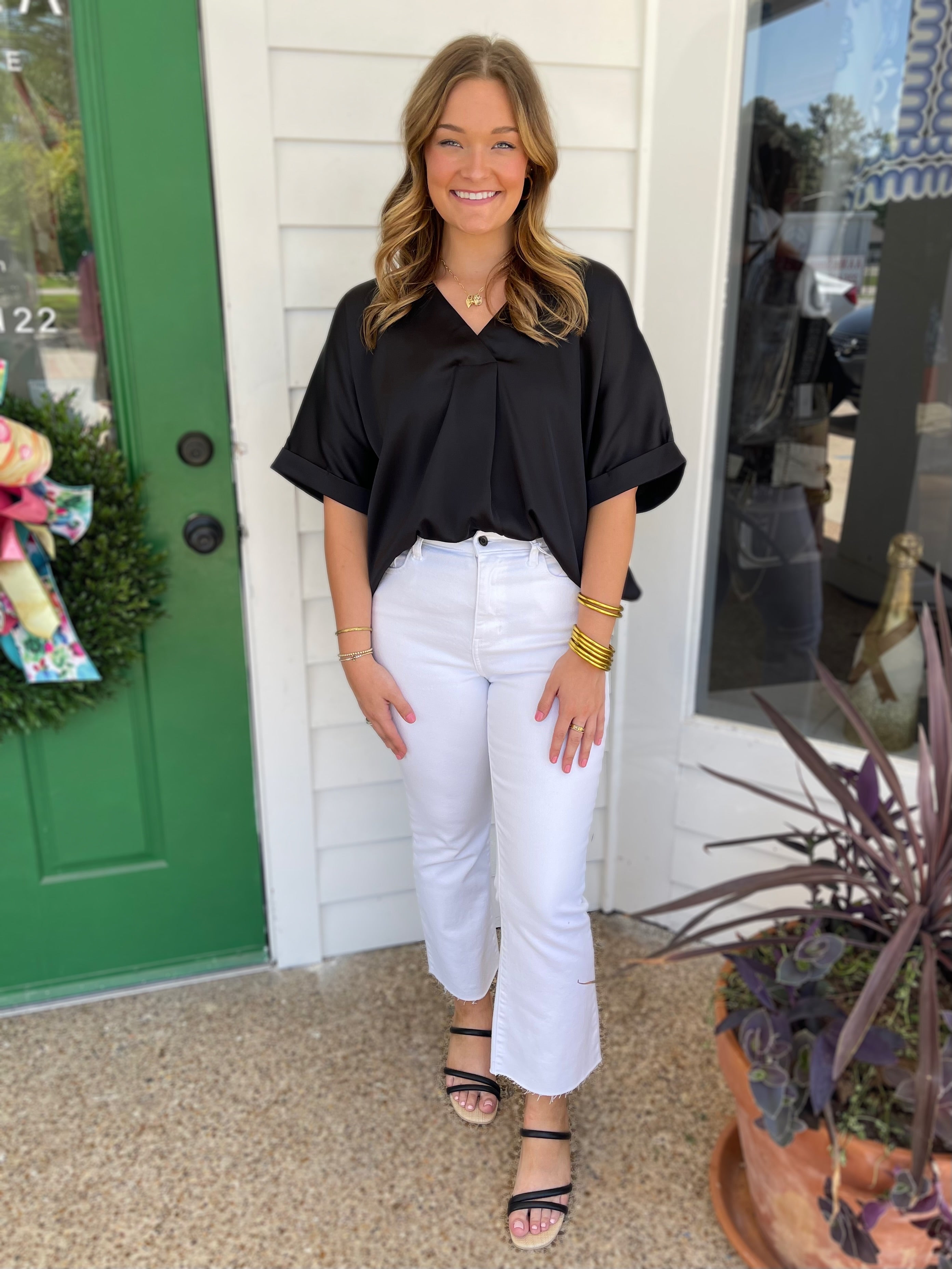 BLACK SATIN VNECK HIGH LOW BLOUSE