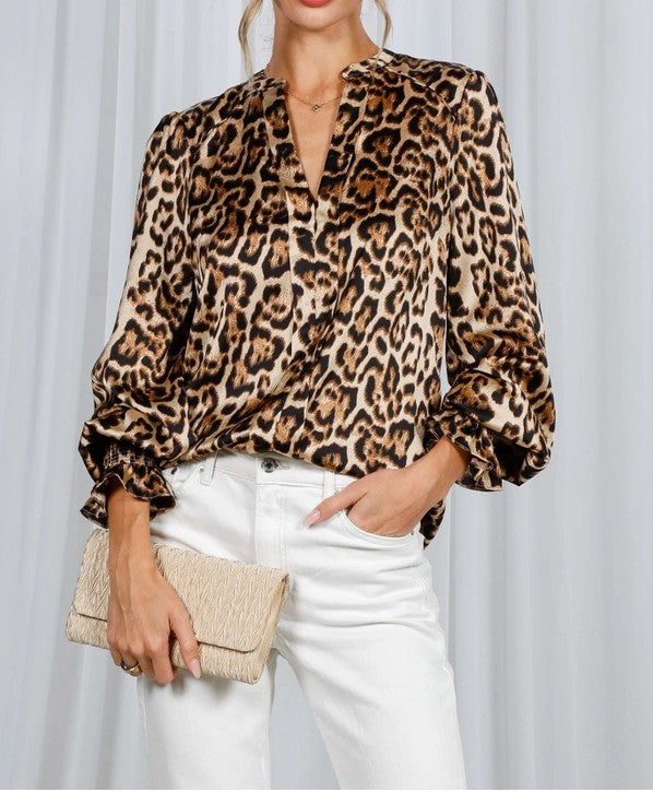 BROWN LEOPARD PRINT LONG BALLOON SLEEVE TOP