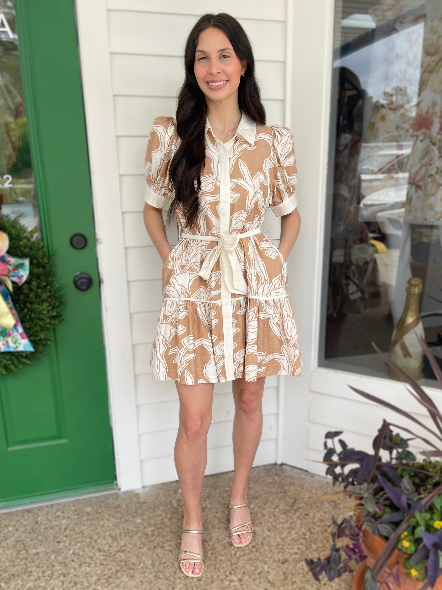 TAUPE FLORAL PUFF SLEEVE BUTTON DOWN RUFFLE HEM BELTED MINI DRESS