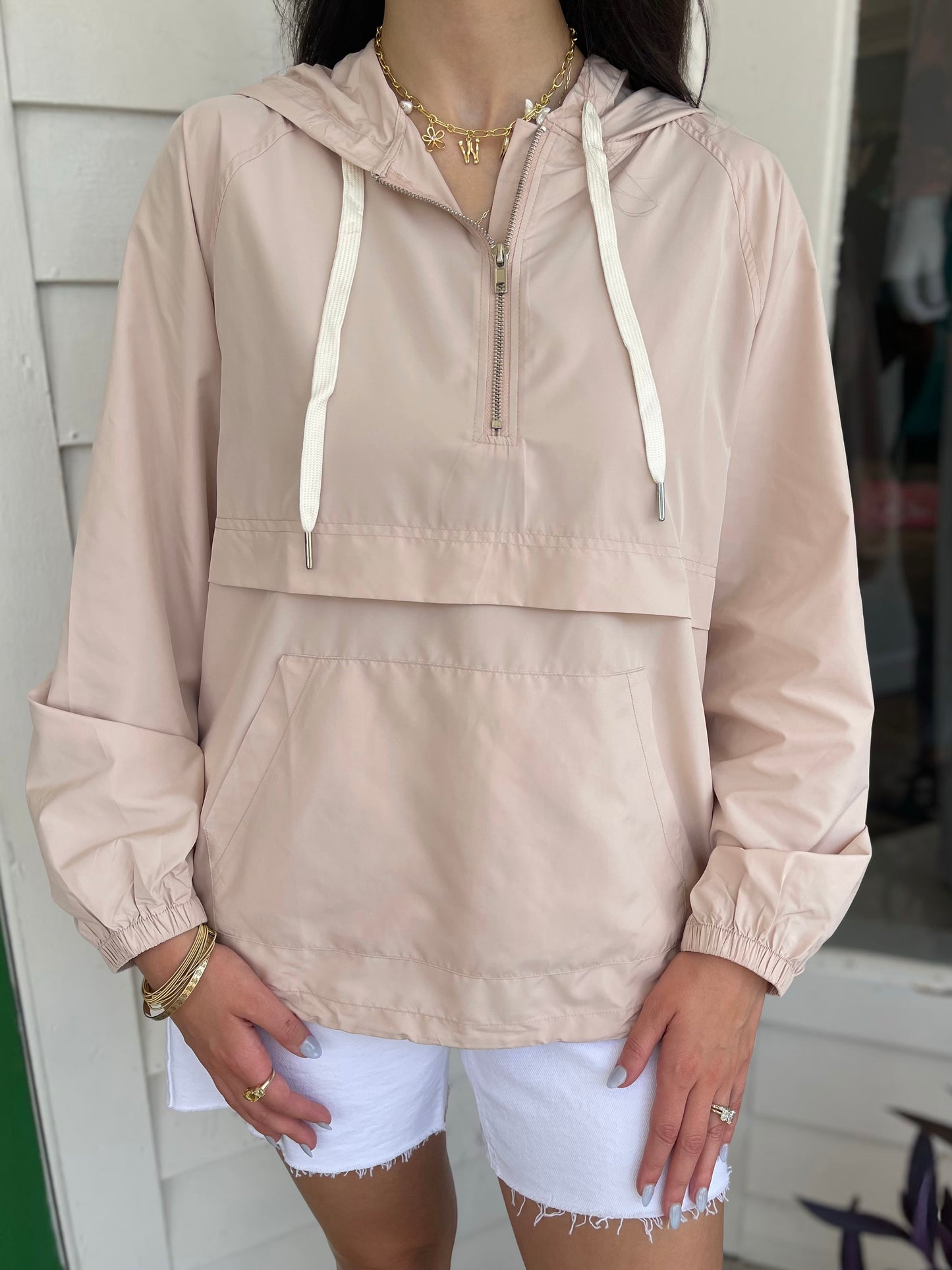 DUSTY BEIGE QUARTER ZIP HOODED WINDBREAKER