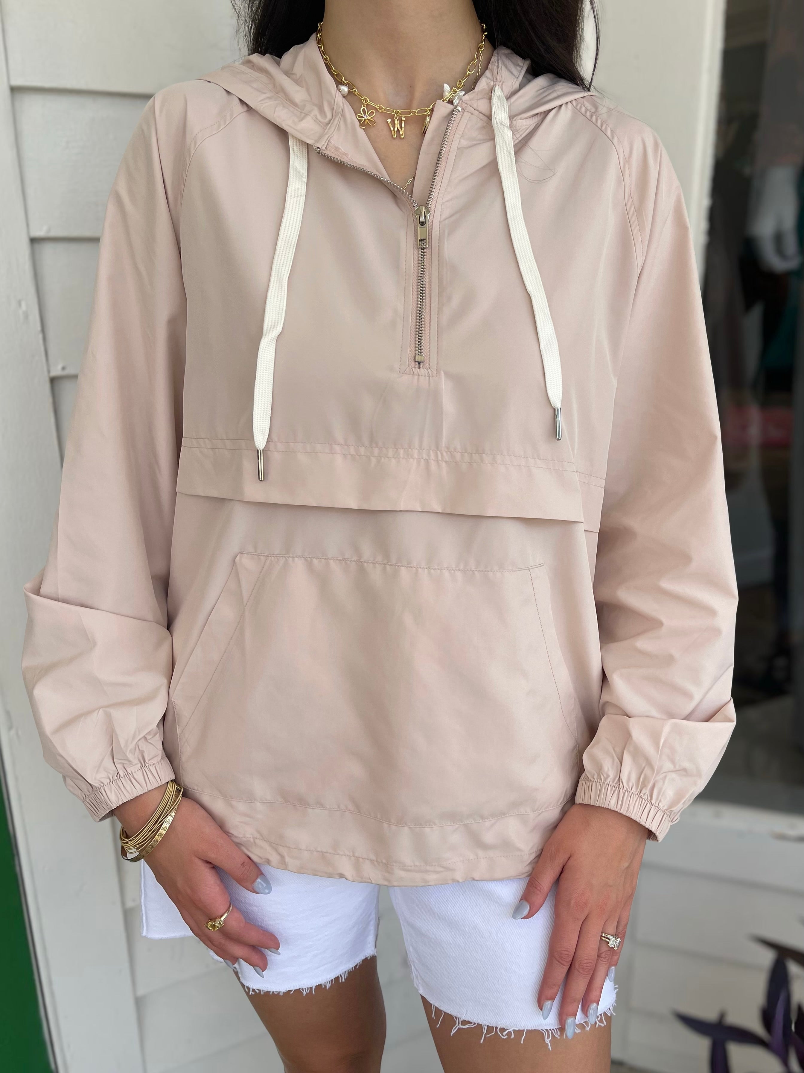 DUSTY BEIGE QUARTER ZIP HOODED WINDBREAKER