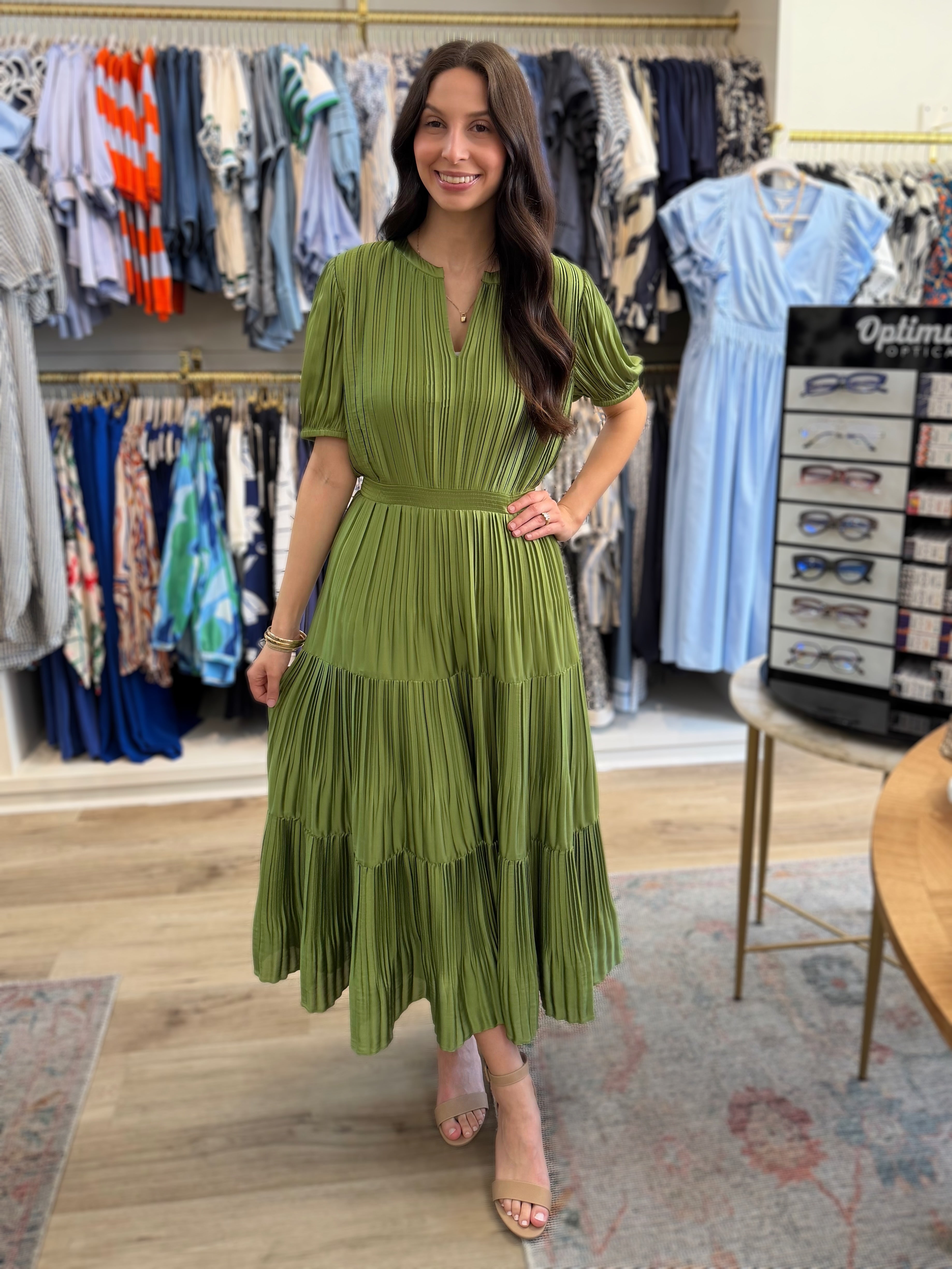 OLIVE PLEATED SPLIT NECK SHORT PUFF SLEEVE TIERED MAXI DRESS