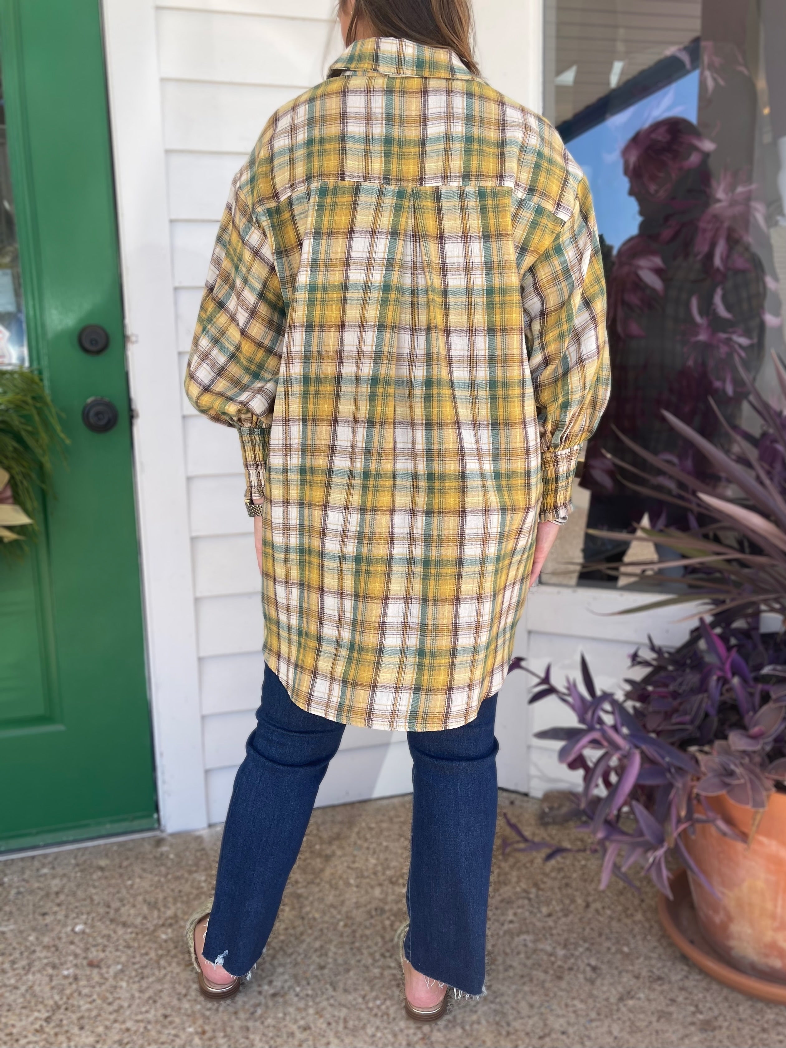 MUSTARD/FOREST PLAID BUTTON UP LONG SLEEVE COTTON TOP