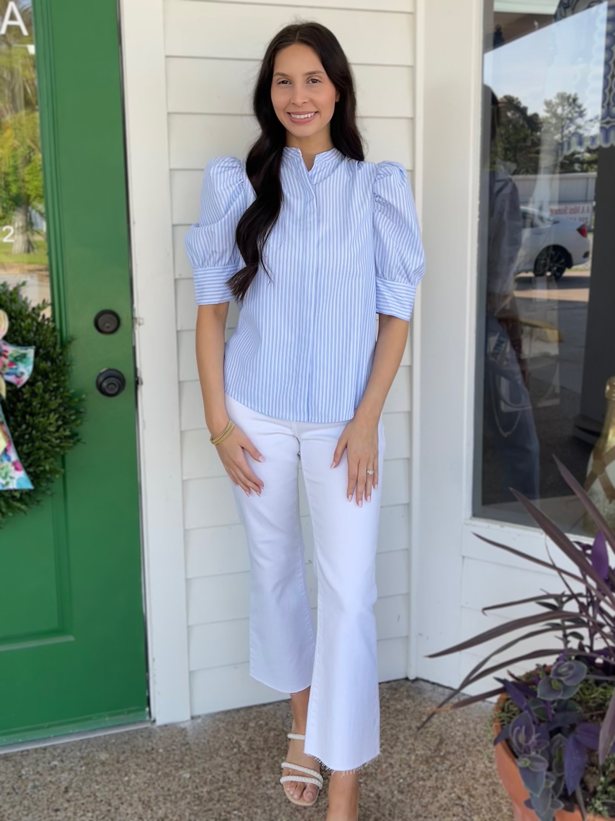 BLUE STRIPED STAND COLLAR PUFF SLEEVE BUTTON UP BLOUSE