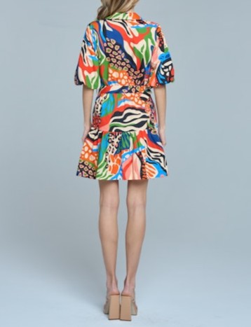 RED MULTI PRINTED BUBBLE SLEEVE AZULA MINI DRESS