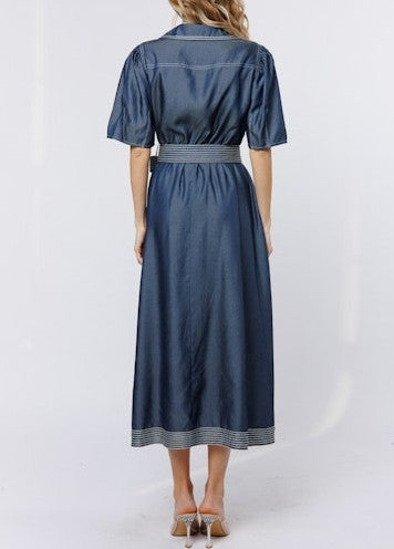 BLUE DENIM TRUE WRAP ROSANNA MIDI DRESS