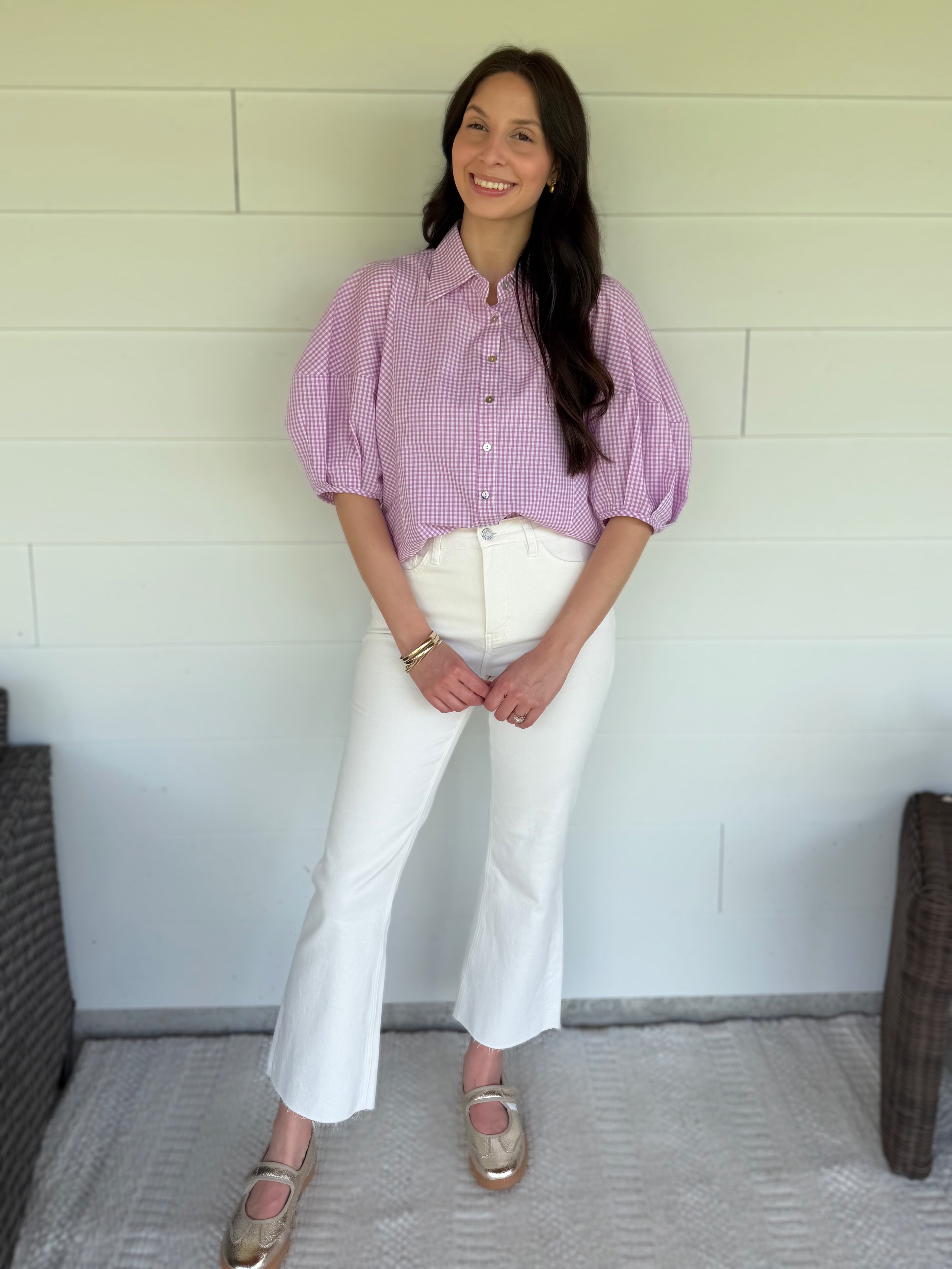 LAVENDER GINGHAM SHORT BALLOON SLEEVE BUTTON UP TOP