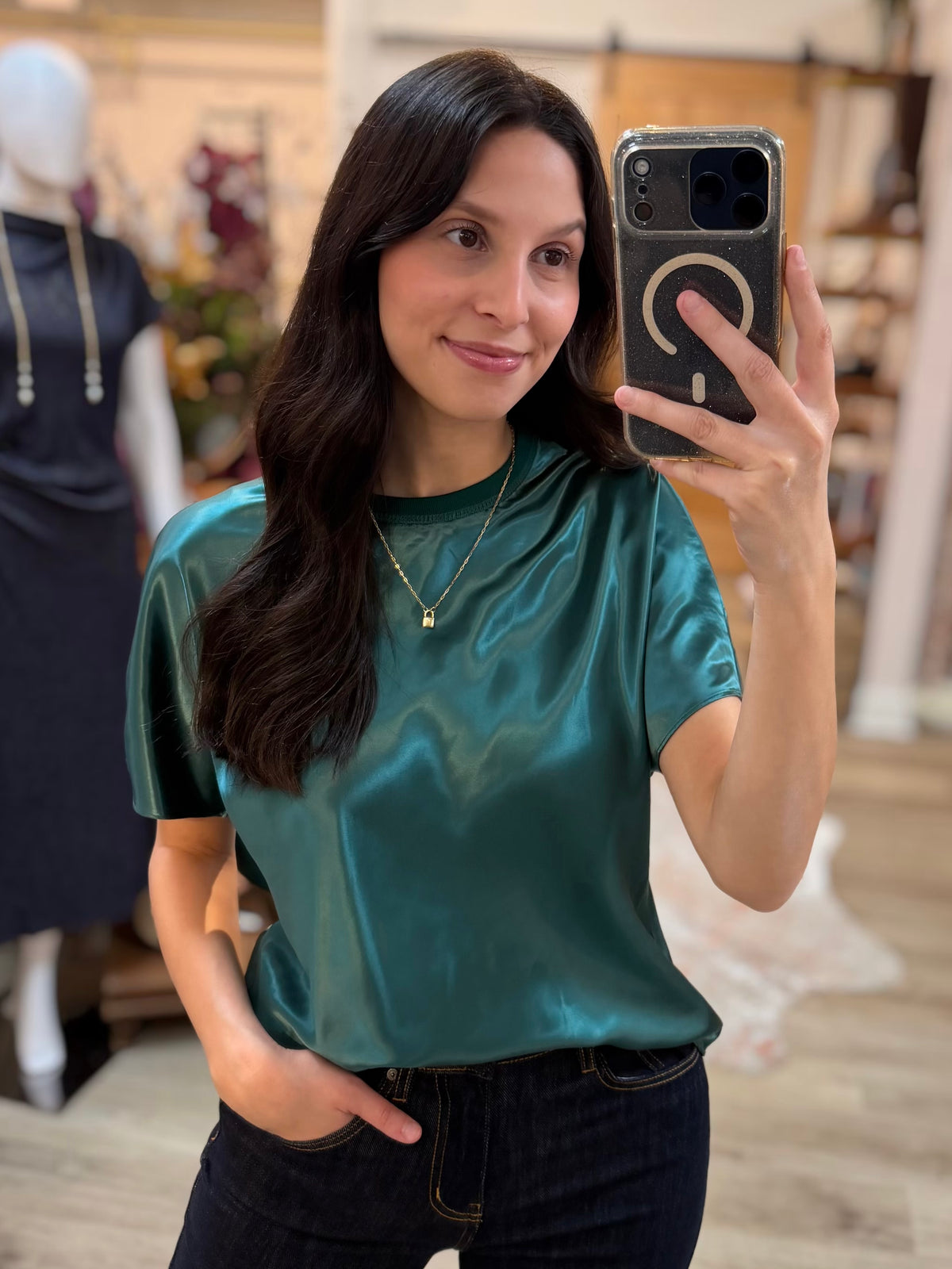 TEAL SATIN CREWNECK SHORT DOLMAN SLEEVE TOP