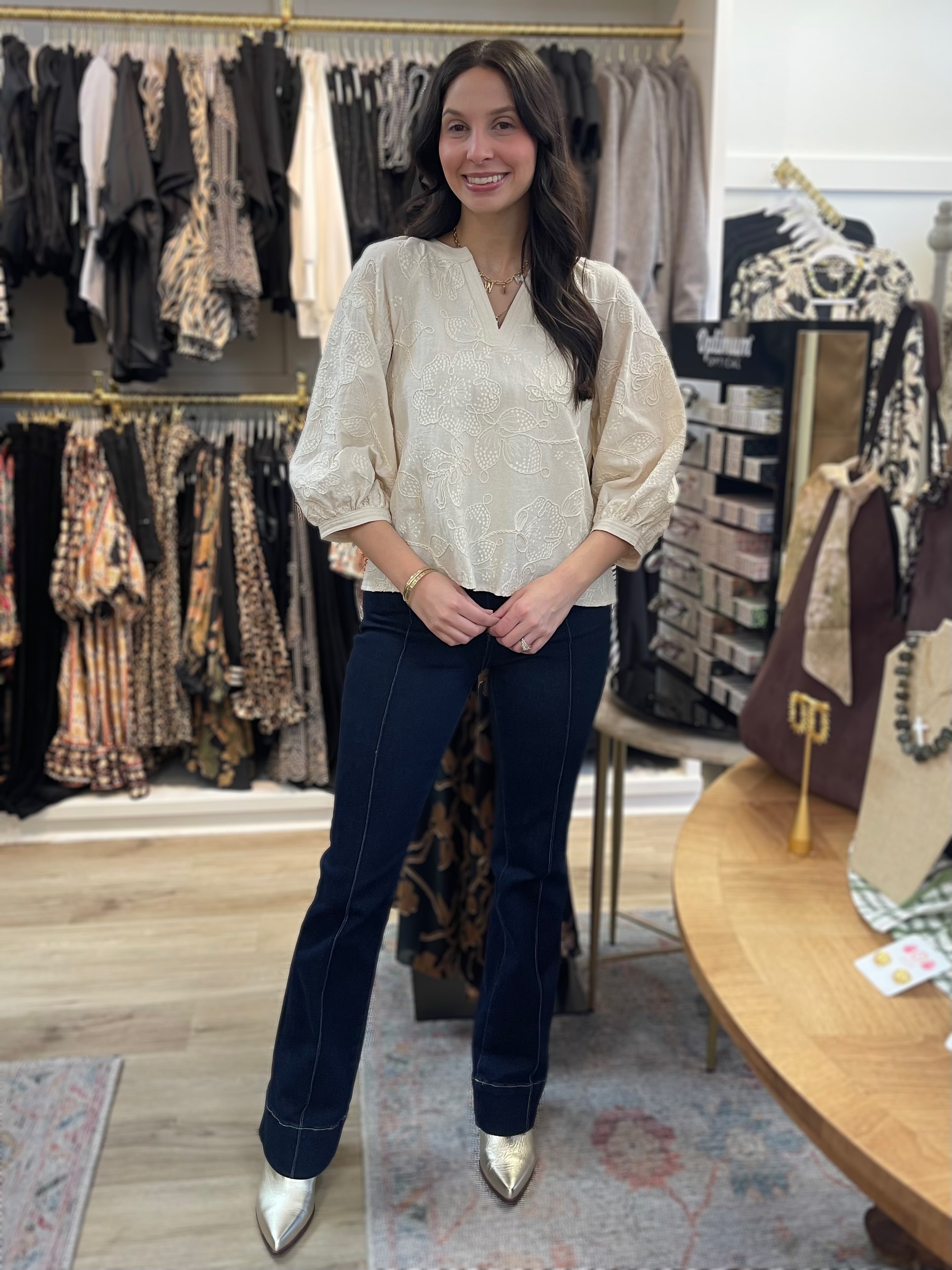 ECRU EMBROIDERED BOTANICAL PRINT 3/4 SLEEVE TOP