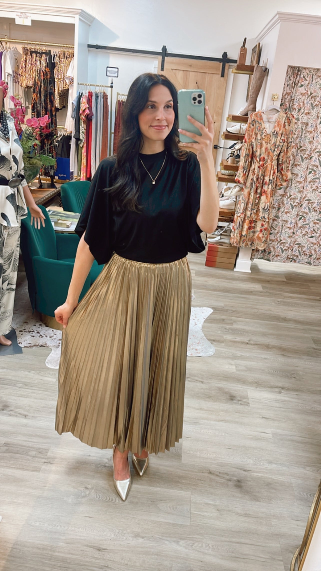 GUNMETAL GOLD METALLIC LAME PLEATED ALESSANDRA MIDI SKIRT