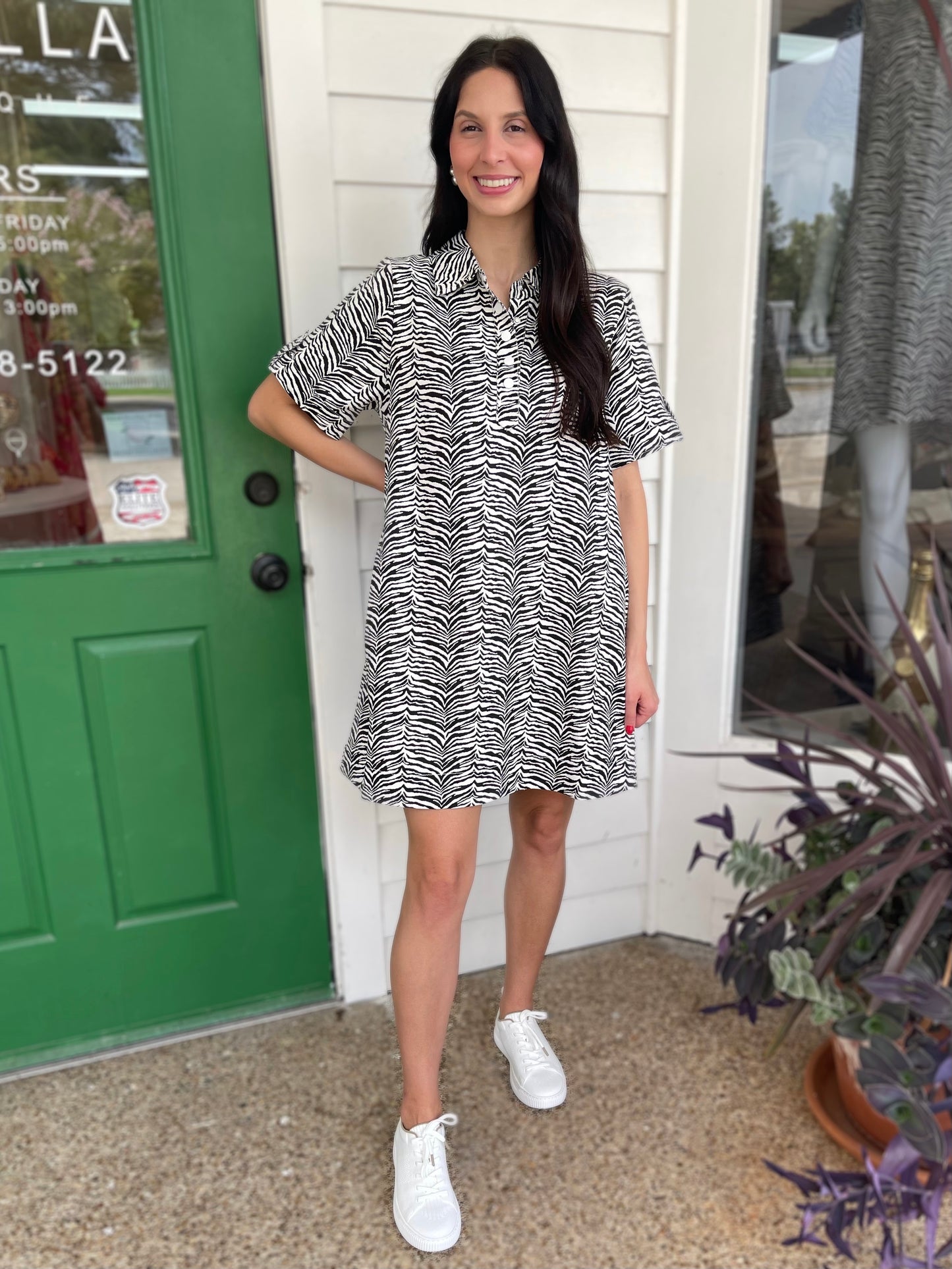 BLACK ZEBRA PRINT COLLARED MINI DRESS