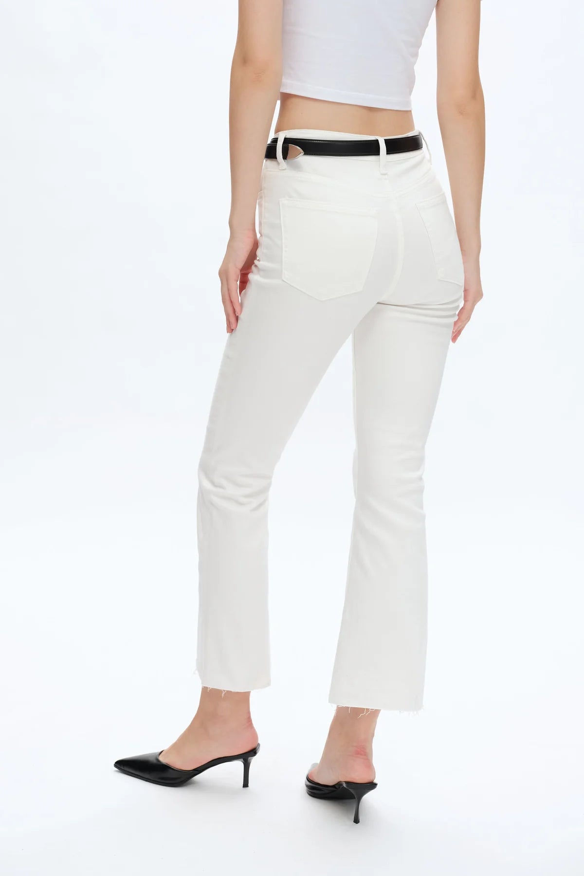 WHITE MID RISE RAW HEM ANKLE BOOTCUT EMILY DENIM JEANS