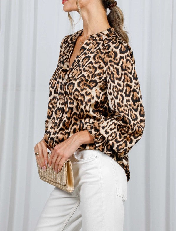 BROWN LEOPARD PRINT LONG BALLOON SLEEVE TOP