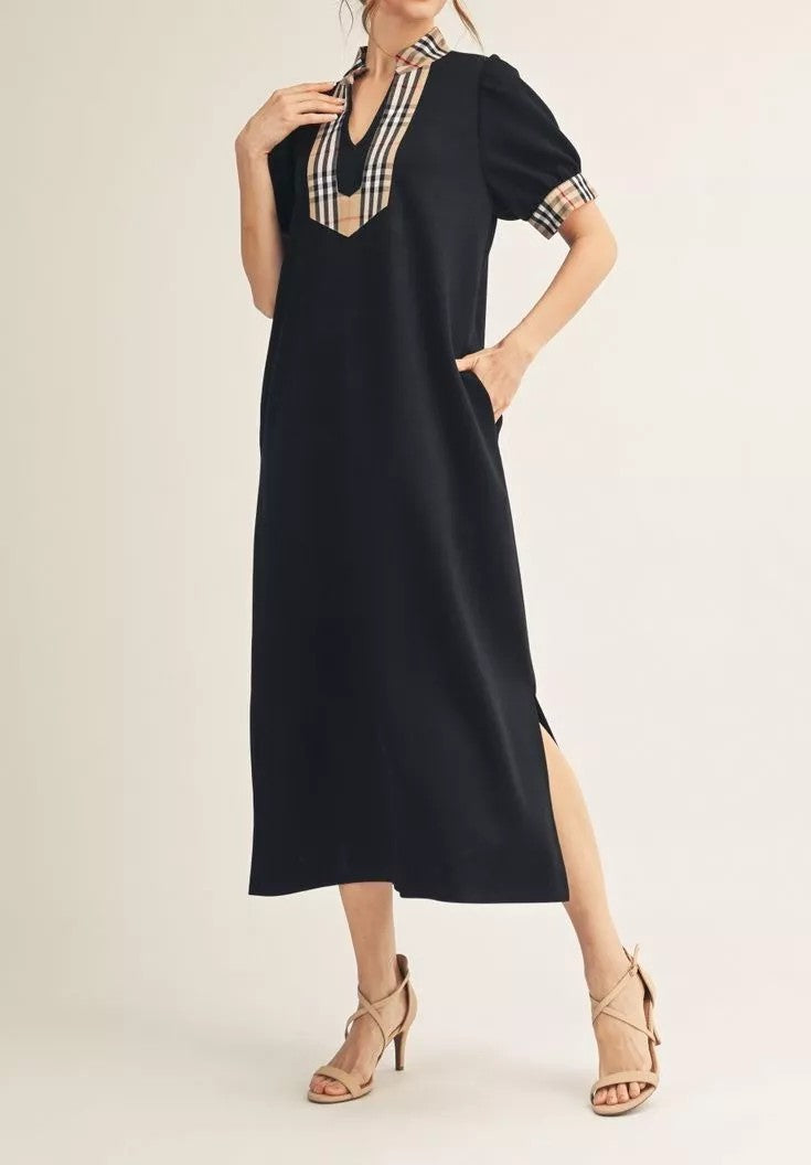 BLACK/PLAID CONTRAST DETAIL SHORT PUFF SLEEVE MIDI DRESS