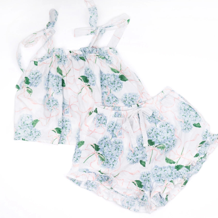 HYDRANGEA RIBBONS TIE TOP RUFFLE SHORT PAJAMA SET