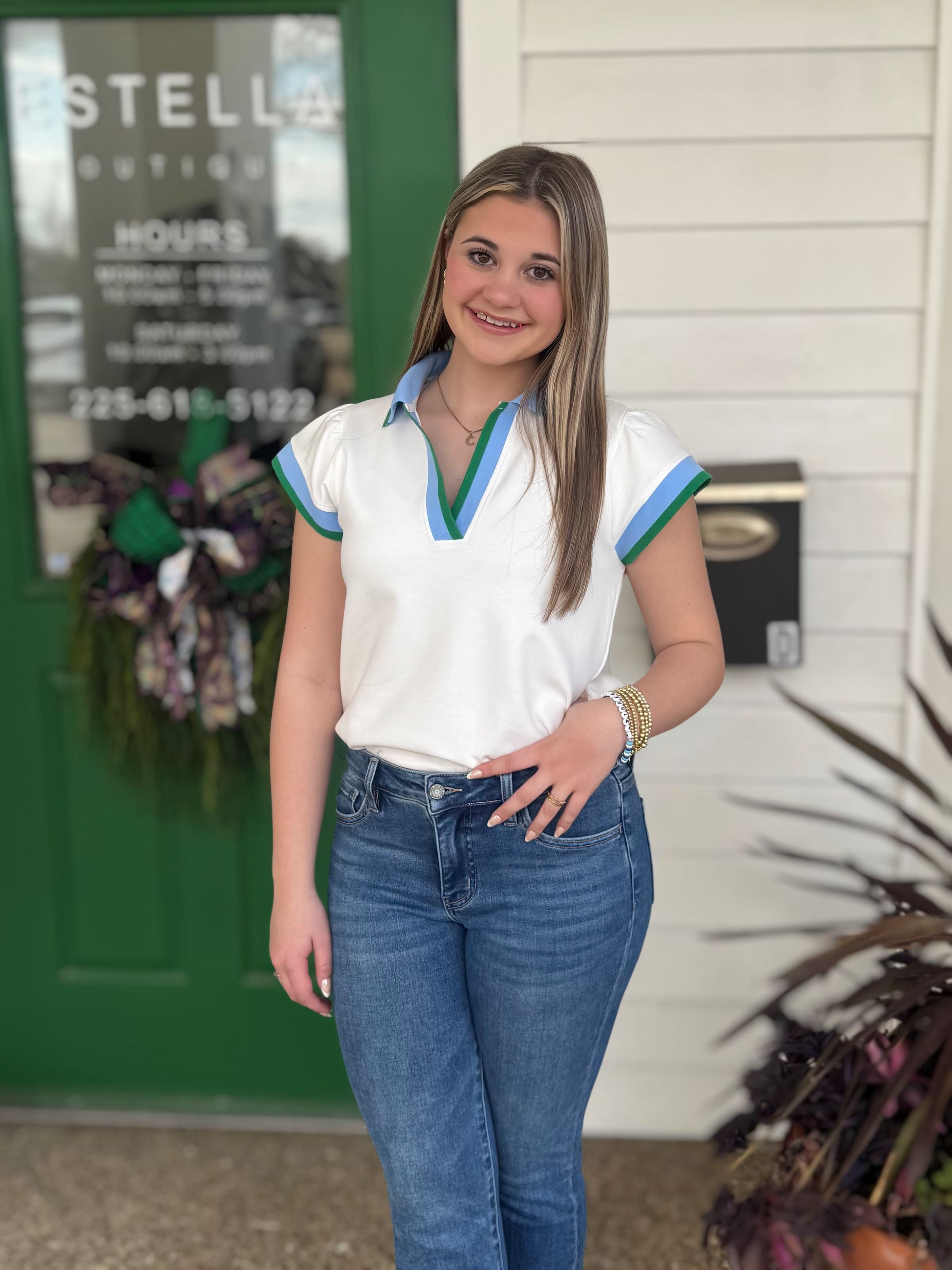 OFF WHITE/BLUE/GREEN CONTRAST BAND POLO TOP