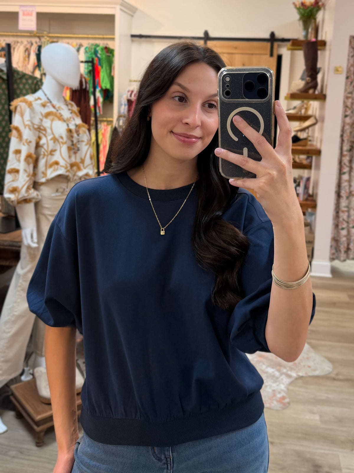 NAVY ROUND NECK BUBBLE SLEEVE TOP