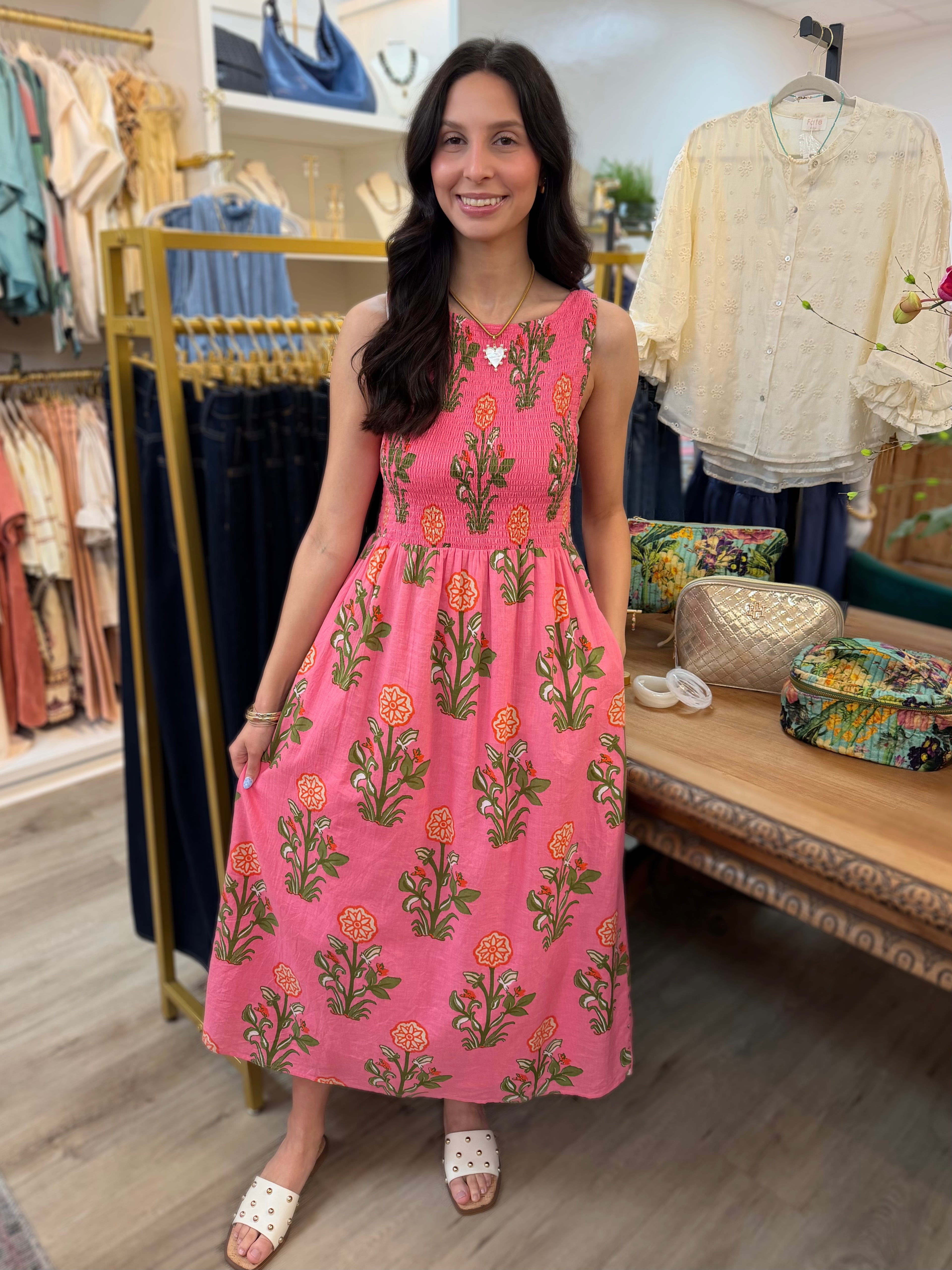 PINK FLORAL PRINT SMOCKED SLEEVELESS MIDI DRESS