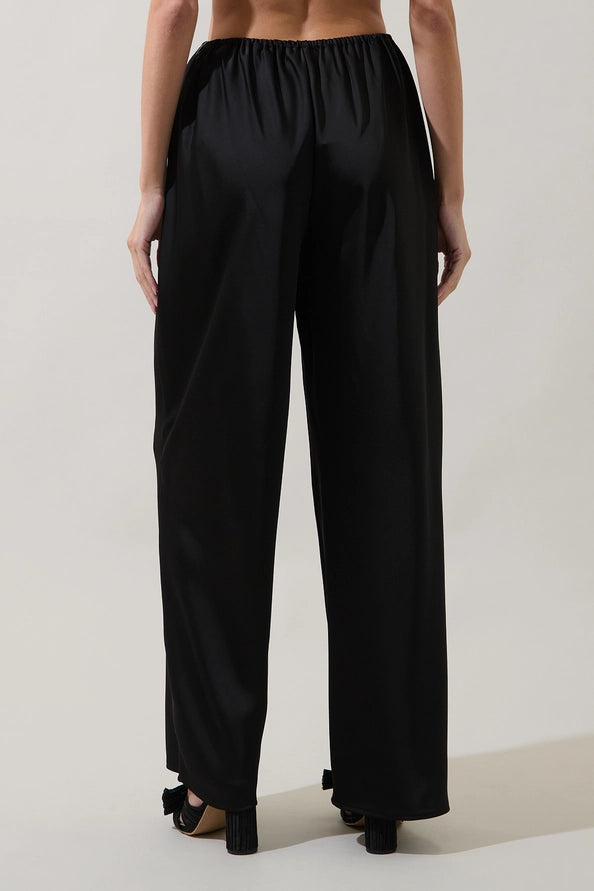 BLACK SATIN ELASTIC WAIST WIDE LEG PANT