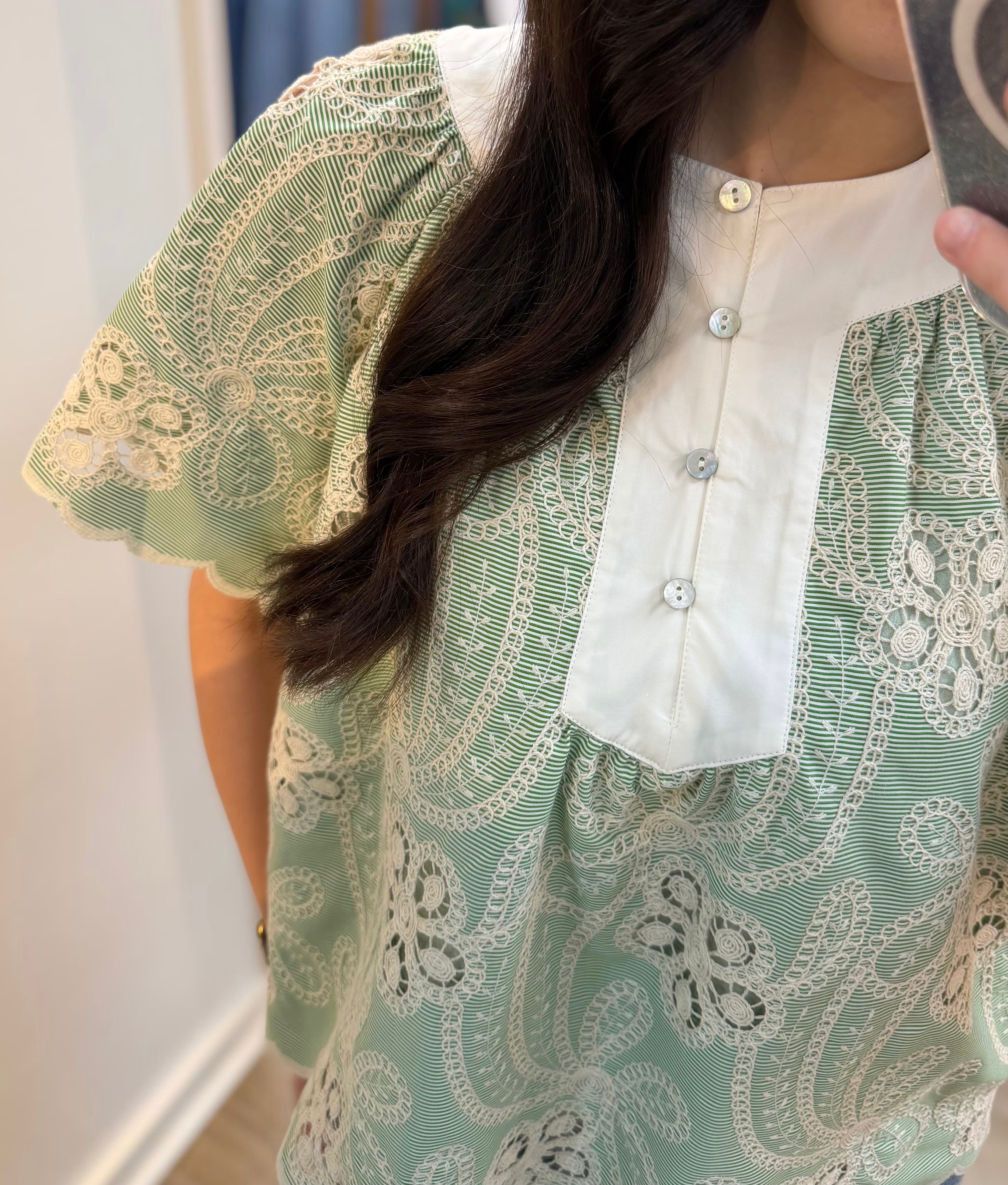 GREEN/WHITE FLORAL LACE SCALLOP HEM SHORT SLEEVE TOP