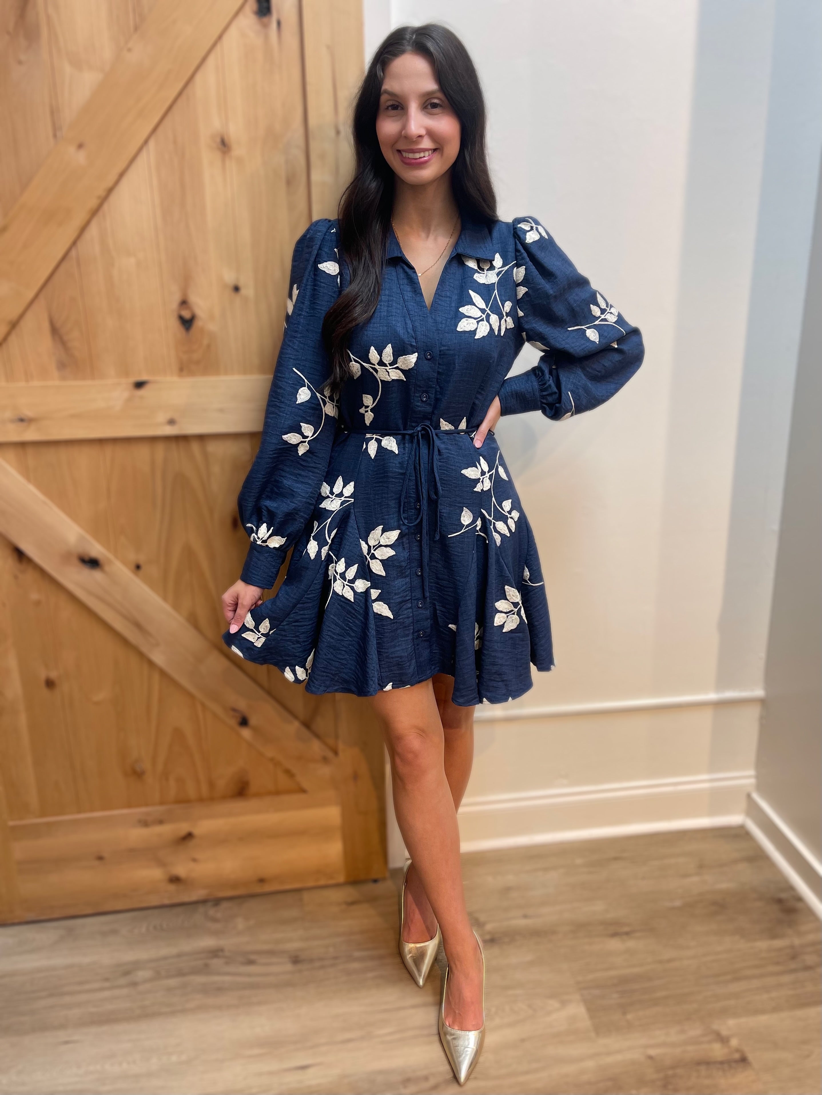 NAVY/WHITE EMBROIDERED LONG SLEEVE BUTTON DOWN MINI DRESS