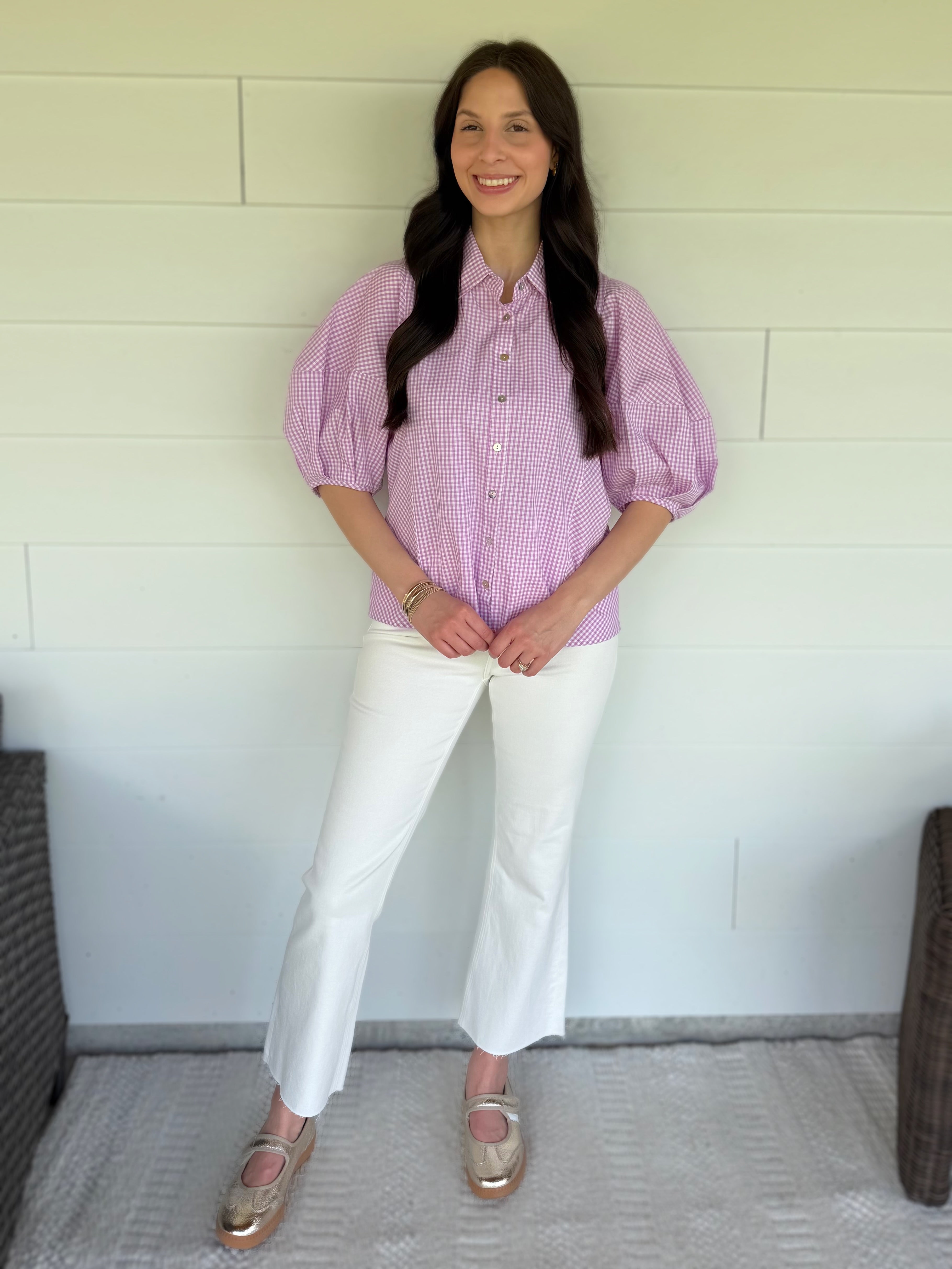 LAVENDER GINGHAM SHORT BALLOON SLEEVE BUTTON UP TOP