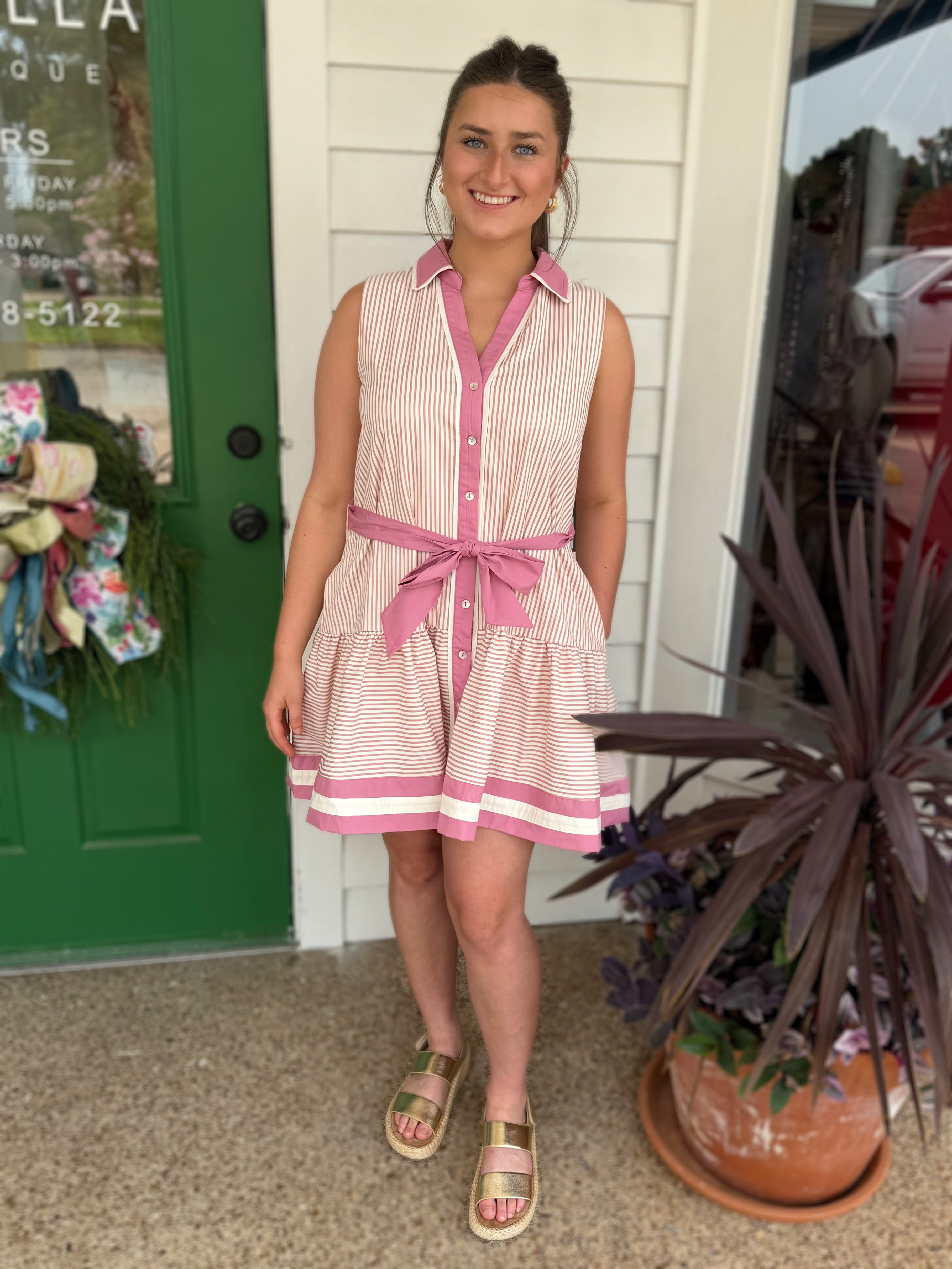 DUSTY PINK STRIPED CONTRAST BAND SLEEVELESS MINI DRESS