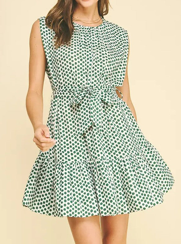 KELLY GREEN & WHITE POLKA DOT TIERED MINI DRESS