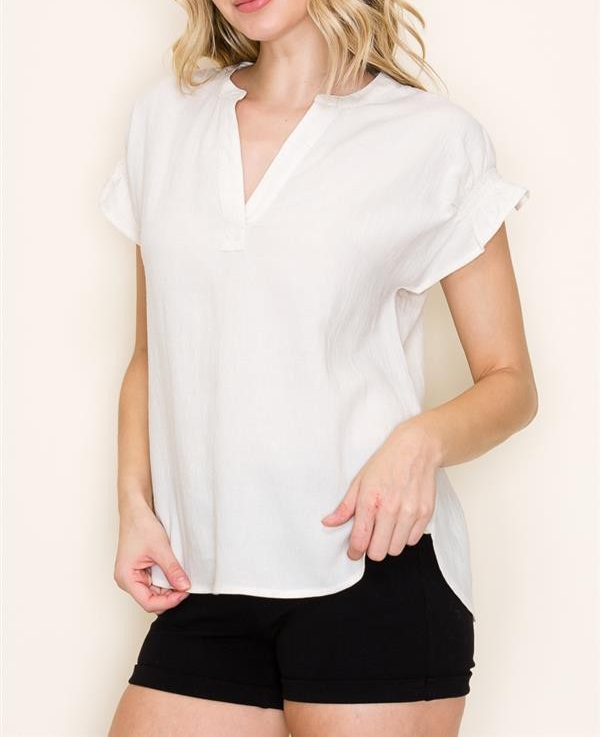 NATURAL VNECK RUFFLED GATHERED HEM SHORT SLEEVE TOP