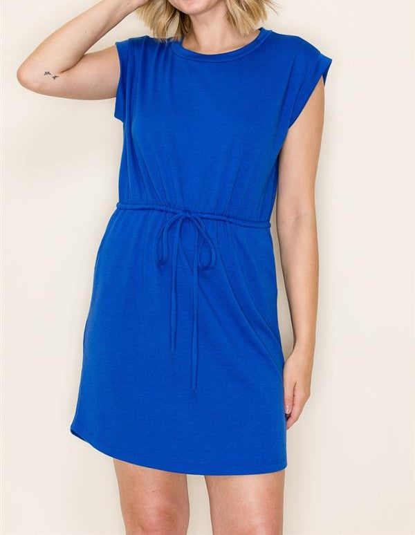 ROYAL BLUE DRAWSTRING WAIST TERRY MINI DRESS