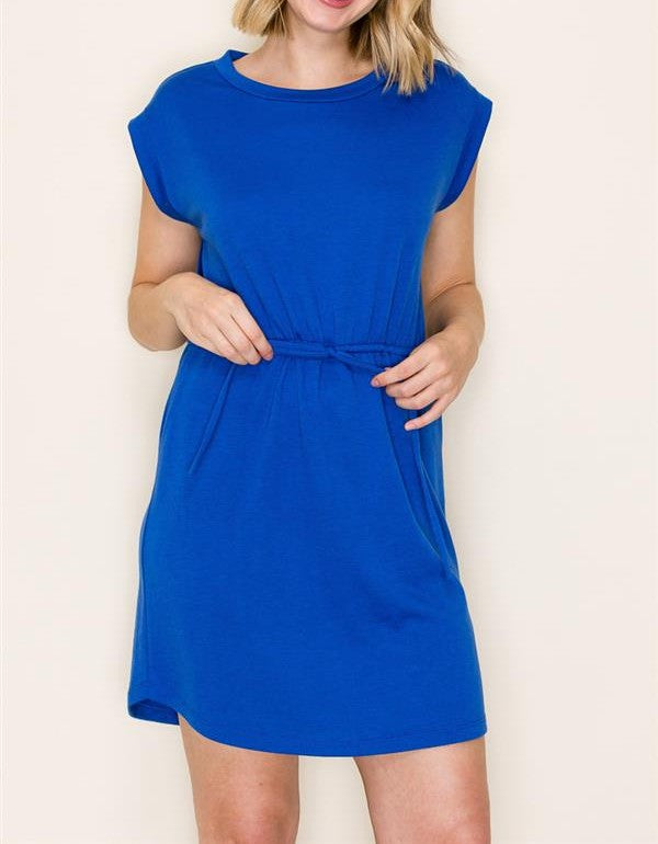 ROYAL BLUE DRAWSTRING WAIST TERRY MINI DRESS