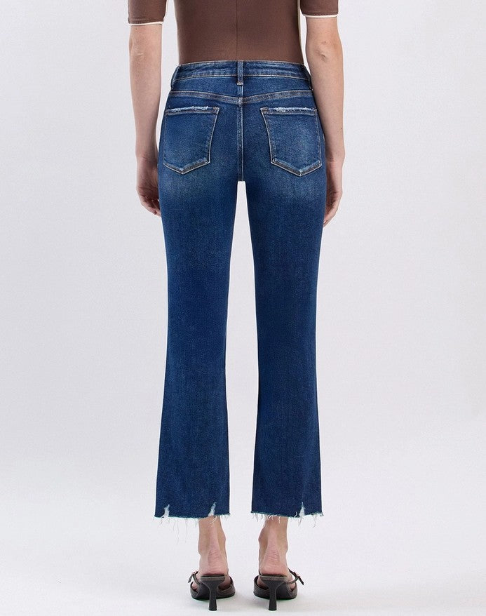 PORTABLE MEDIUM DARK WASH MID RISE CROP MINI BOOTCUT JEANS