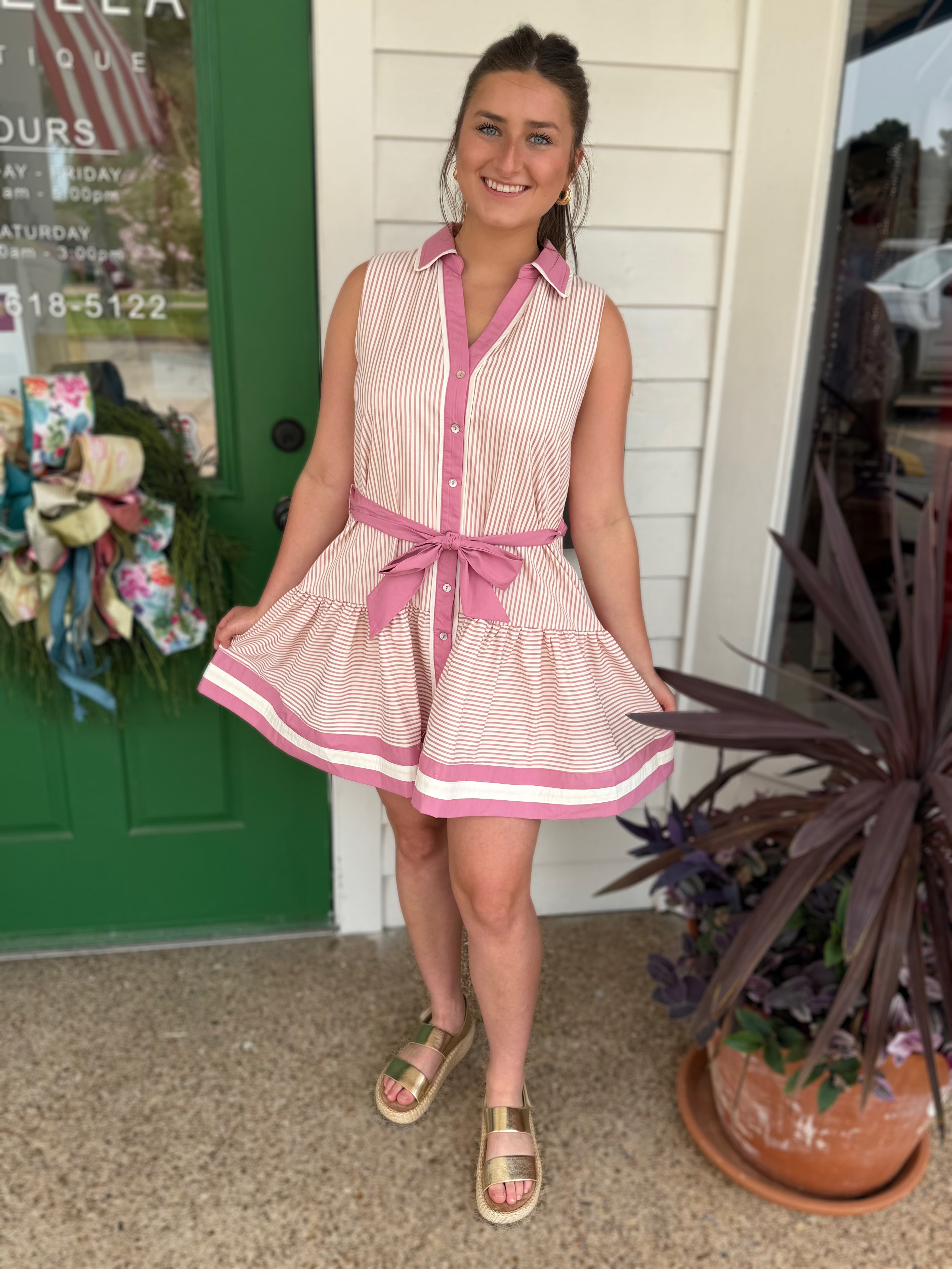 DUSTY PINK STRIPED CONTRAST BAND SLEEVELESS MINI DRESS