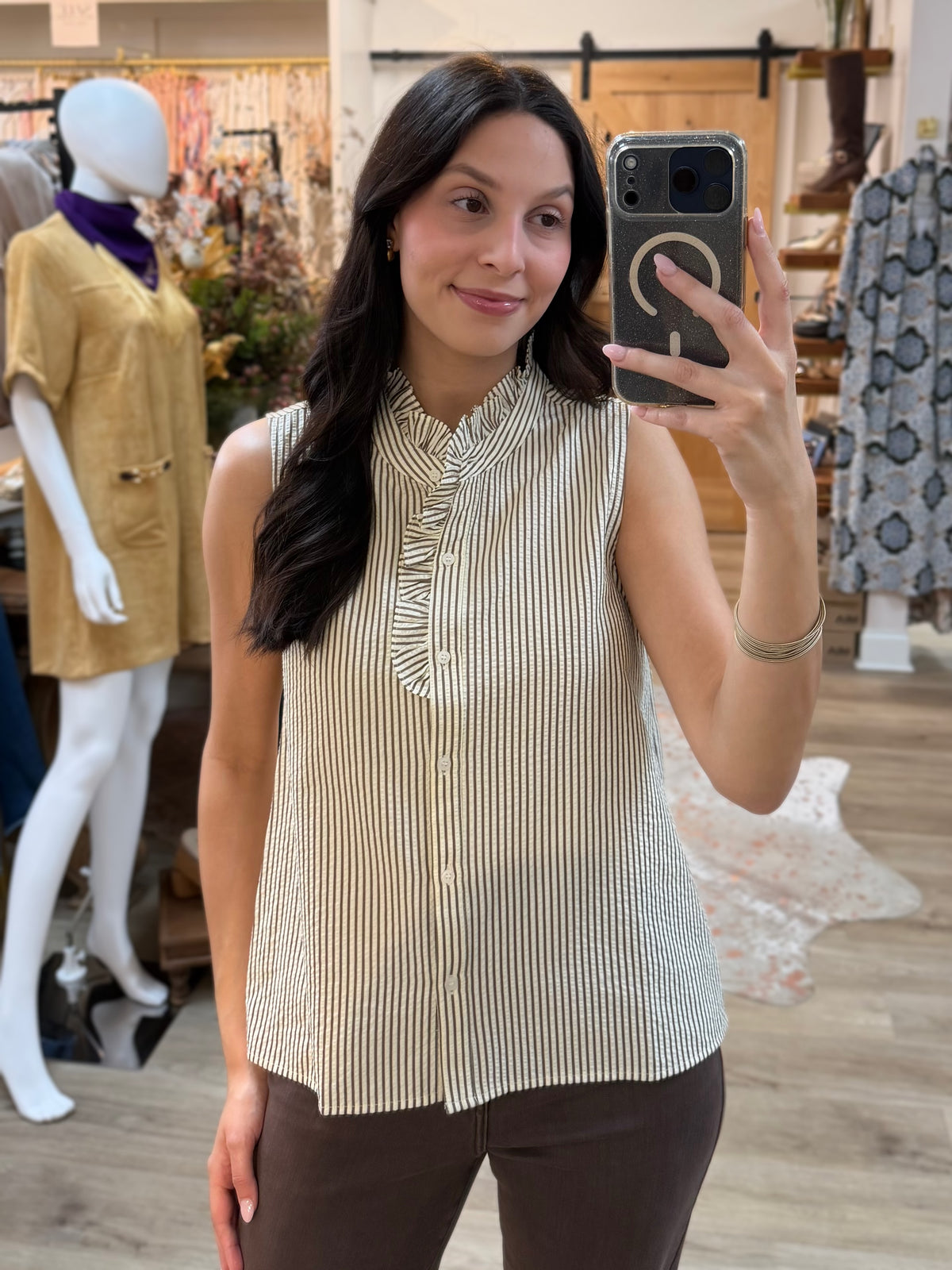TAUPE STRIPED FRILL DETAIL SLEEVELESS BUTTON UP TOP