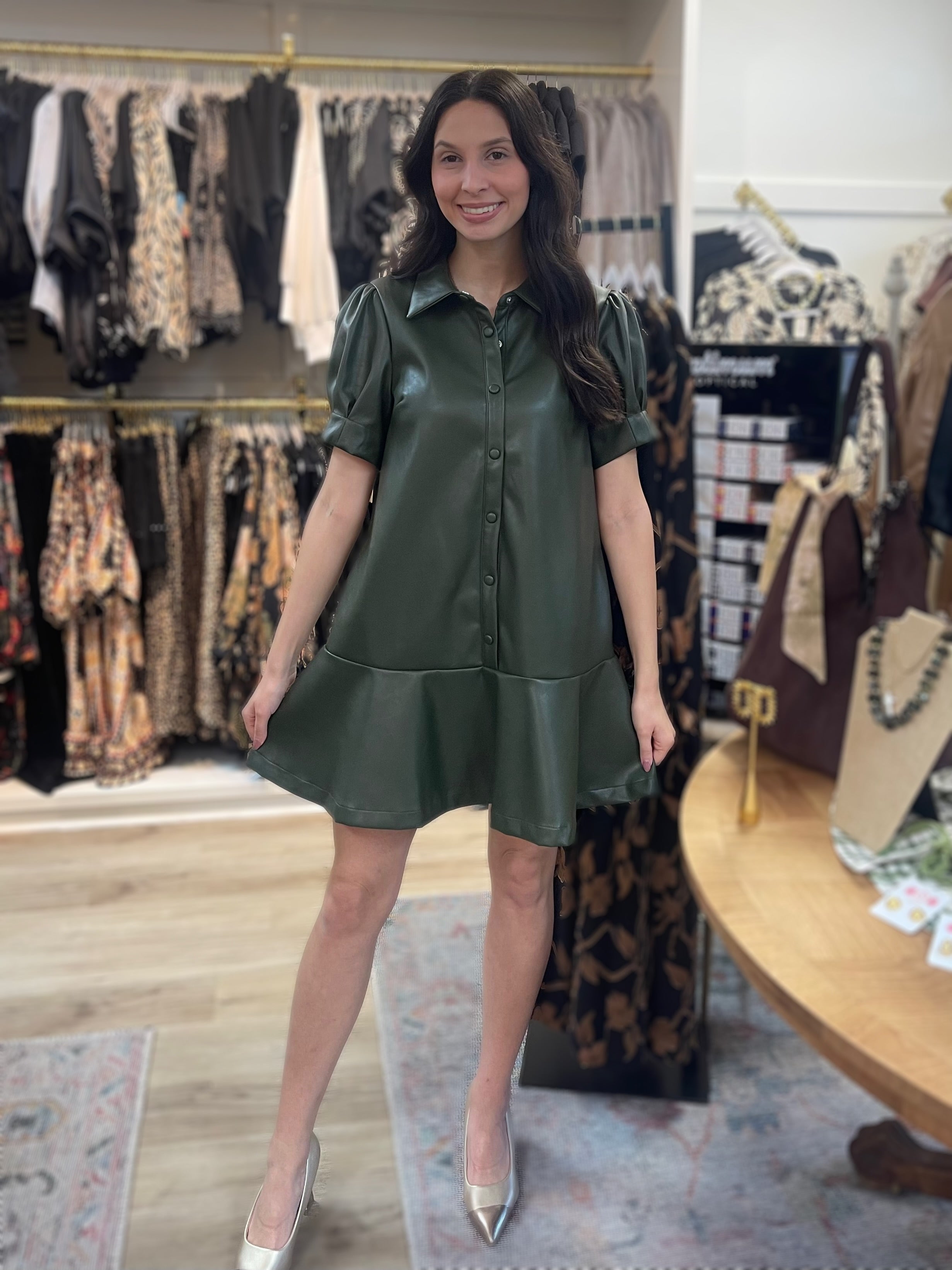 OLIVE FAUX LEATHER BUTTON UP RUFFLE TIER MINI DRESS