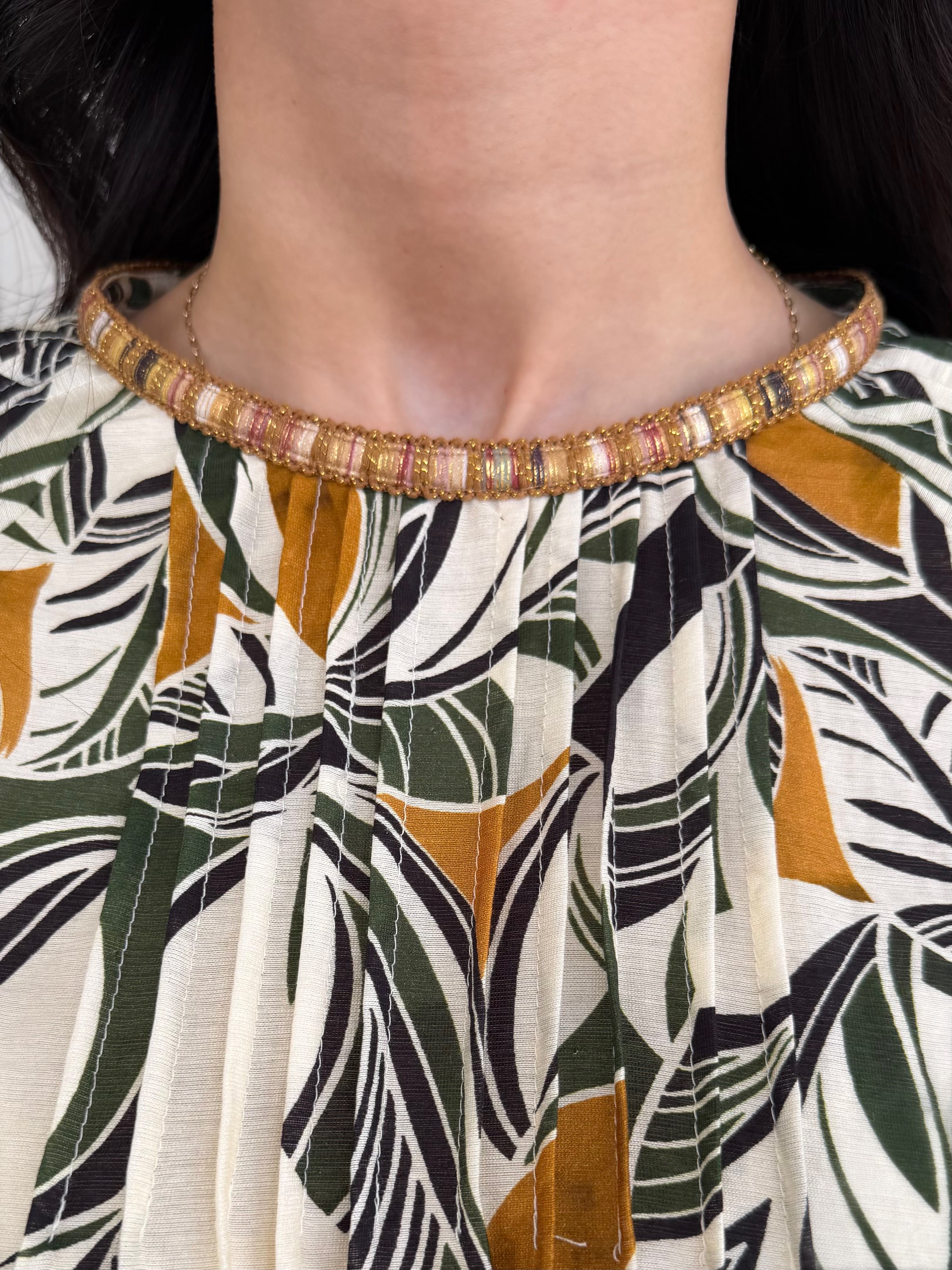 CREAM MULTI ABSTRACT LEAF PRINT PINTUCK DETAIL LONG SLEEVE FAYE TOP