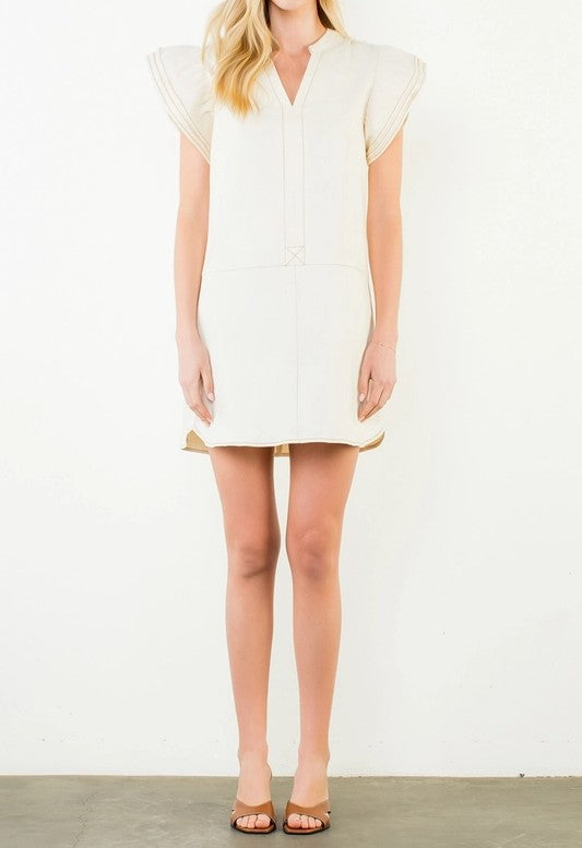 IVORY CONTRAST STITCH FLUTTER SLEEVE MINI DRESS