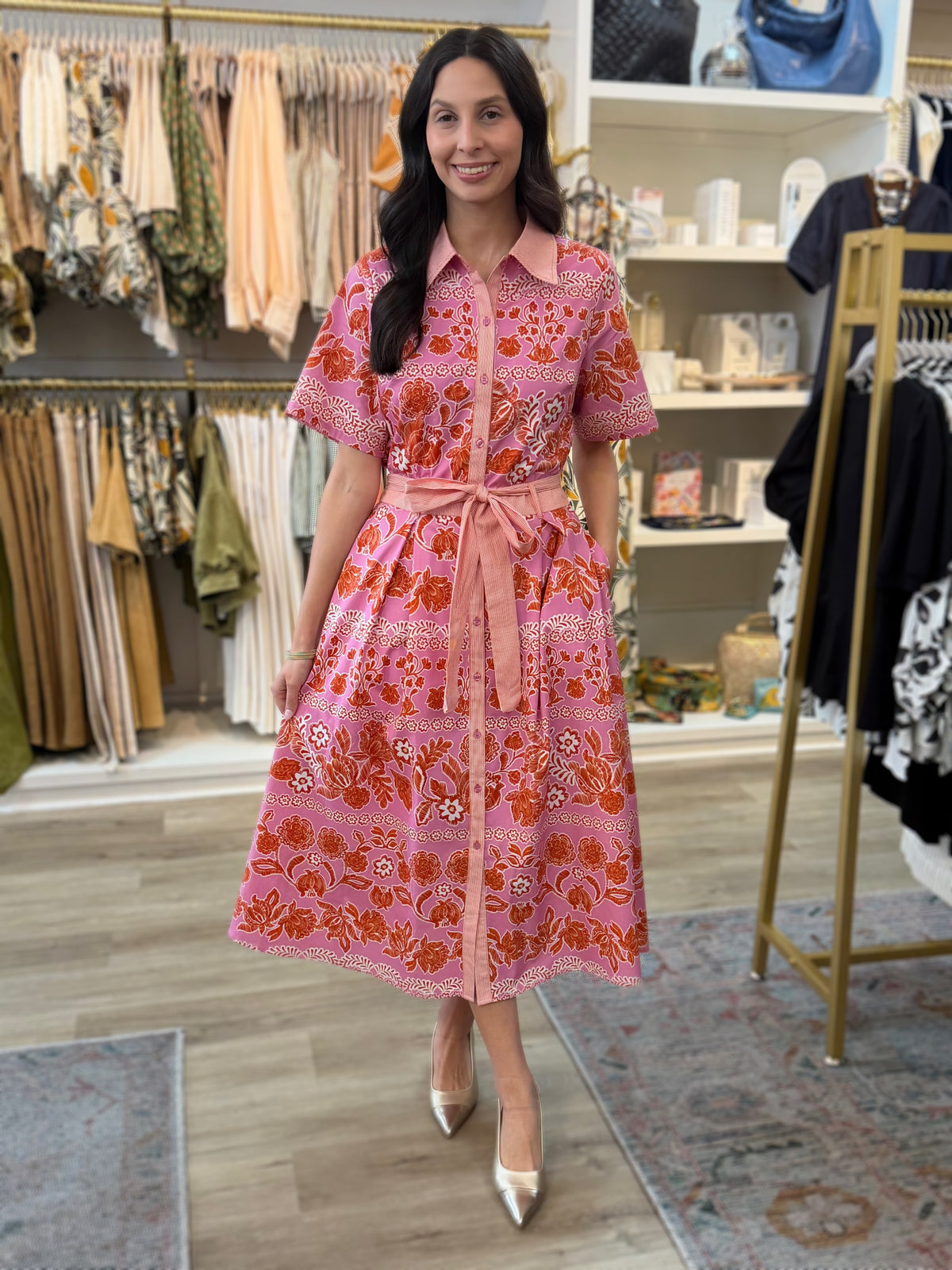 PINK/ORANGE BOTANICAL PRINT W/ STRIPE CONTRAST SHORT SLEEVE BUTTON UP SHIRT MIDI DRESS