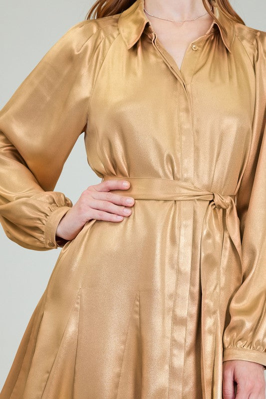 SHINY GOLD LONG SLEEVE GORE SKIRT MINI DRESS