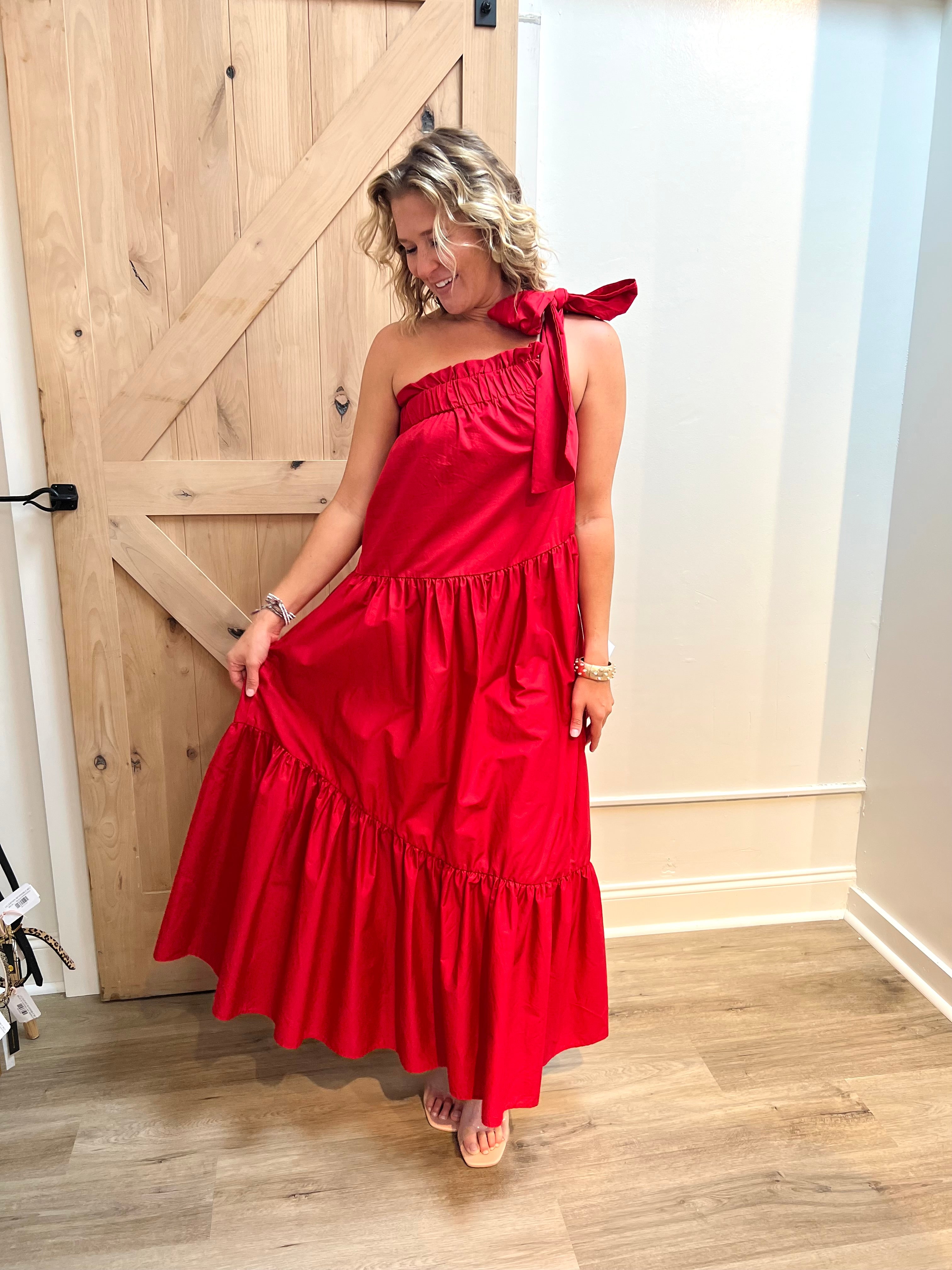 RED ONE SHOULDER RUFFLE POPLIN MAXI DRESS