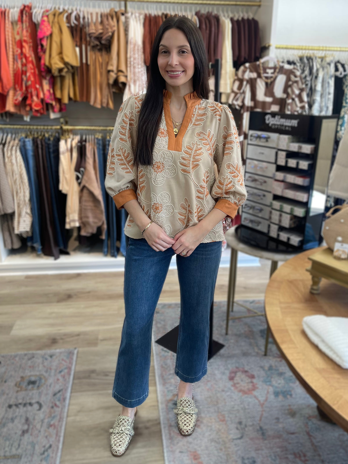 ORANGE/BEIGE EMBROIDERED FLORAL PRINT WITH CONTRAST DETAIL 3/4 SLEEVE TOP