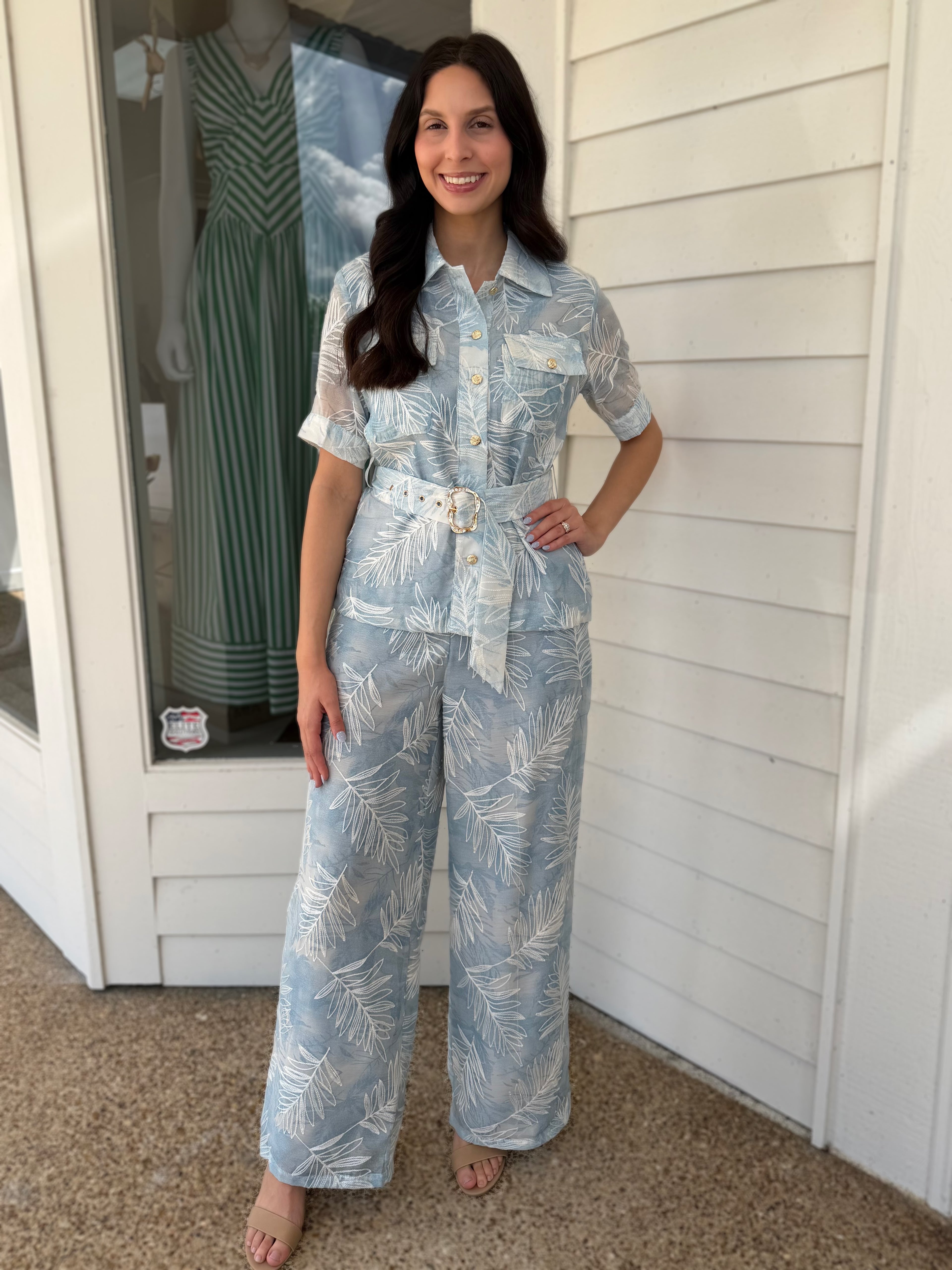 BLUE MULTI FLORAL EMBROIDERY SHORT SLEEVE BUTTON UP TOP AND WIDE LEG PANT SET