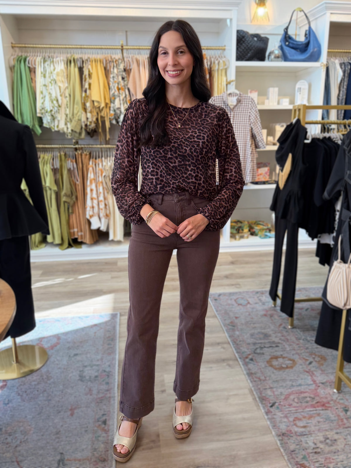 COCOA LEOPARD PRINT BOHO LONG PLEATED SLEEVE SHEER TOP
