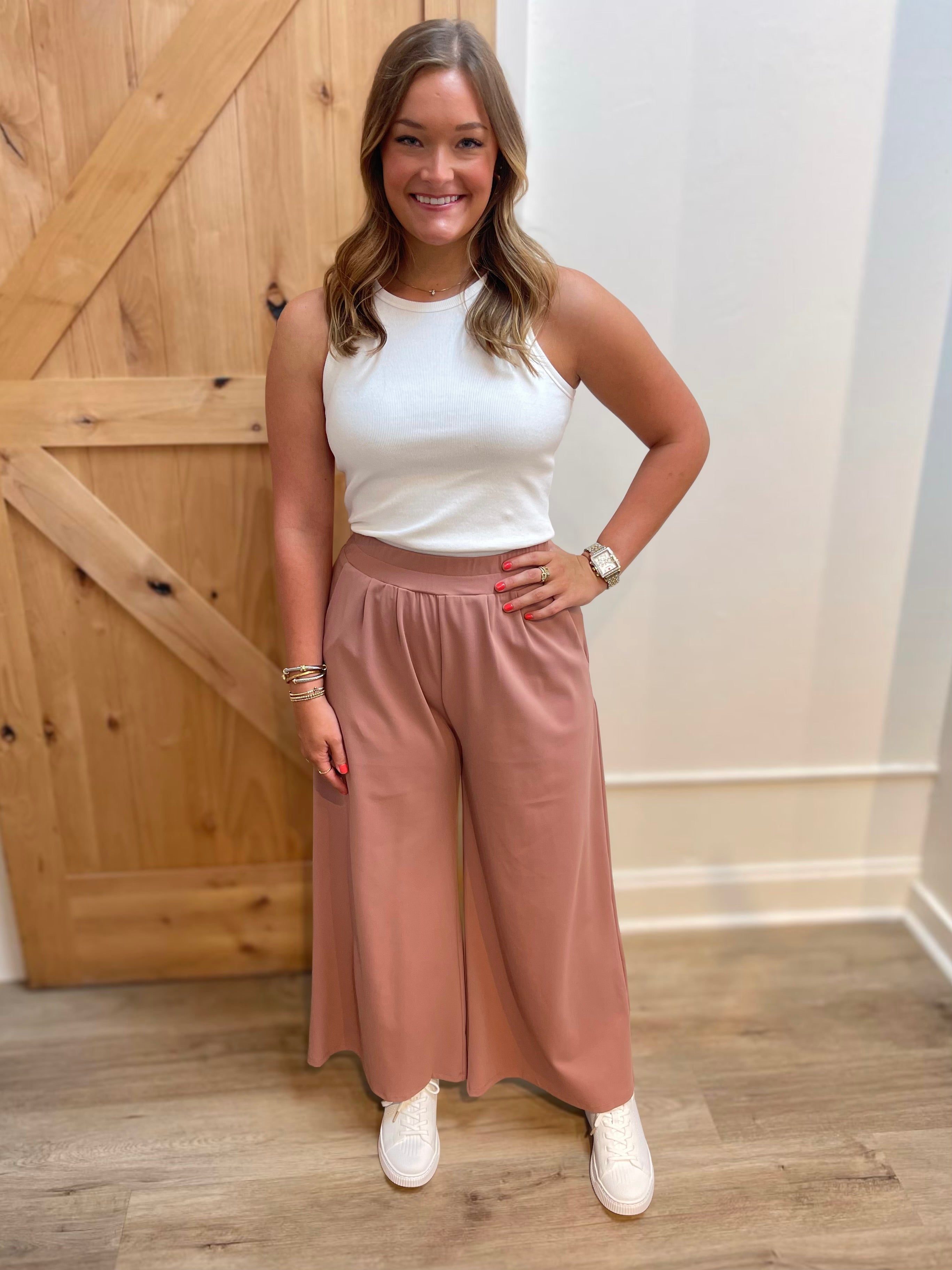 DUSY ROSE STRETCH YOGA KNIT WIDE LEG PLEATED PALAZZO PANTS
