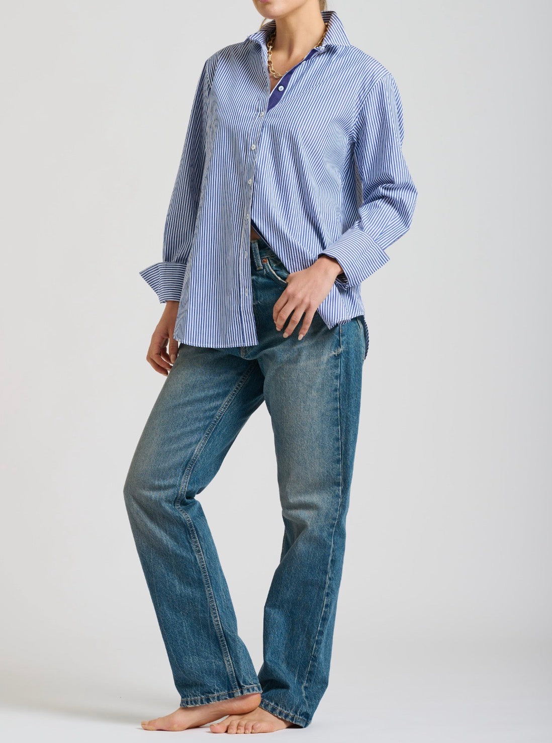 NAVY STRIPE ELODIE TRIM LONG SLEEVE BUTTON UP GIRLFRIEND RELAXED TOP