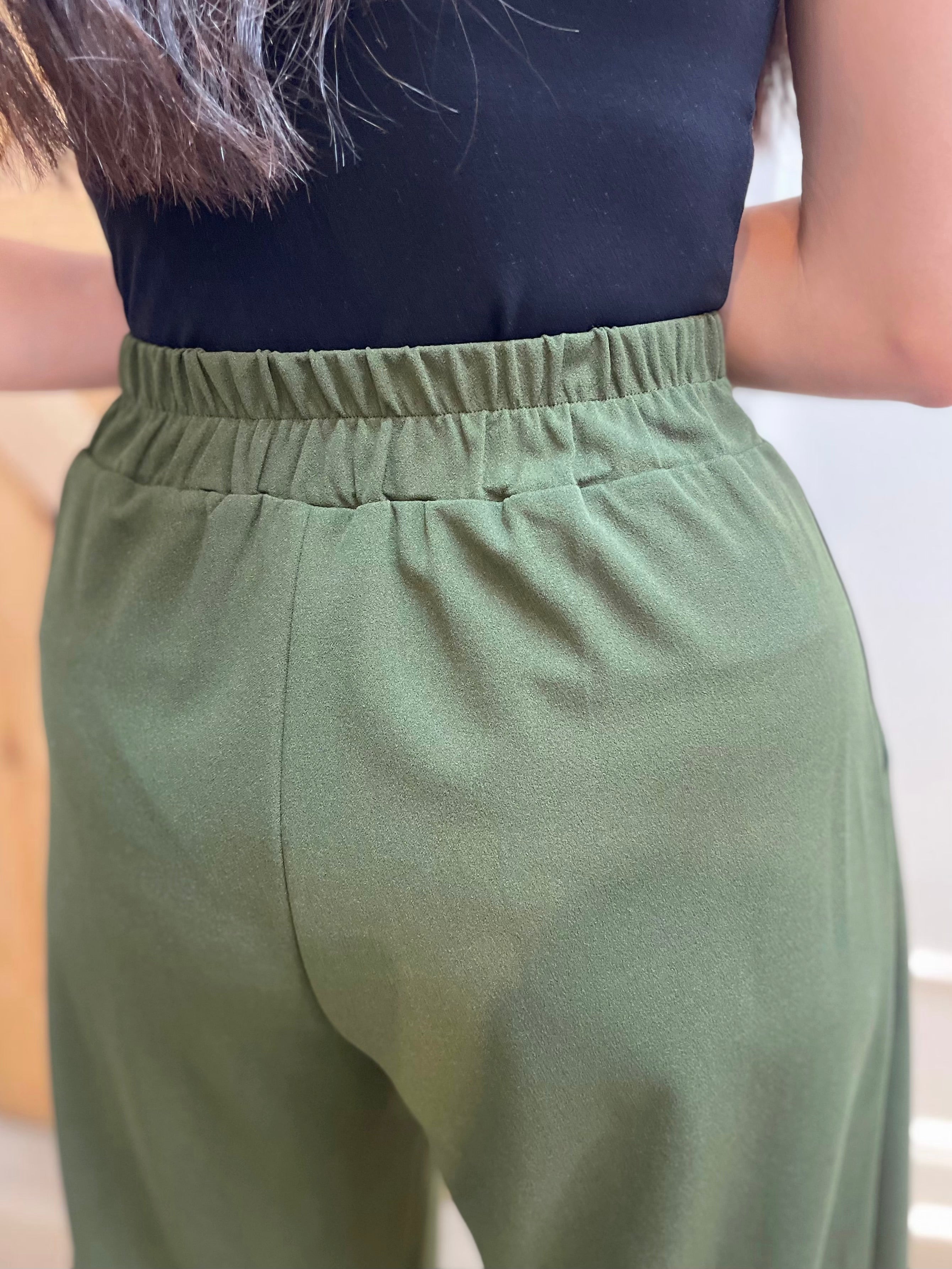 DARK OLIVE STRETCHY HIGH WAIST CREPE WIDE LEG PANTS