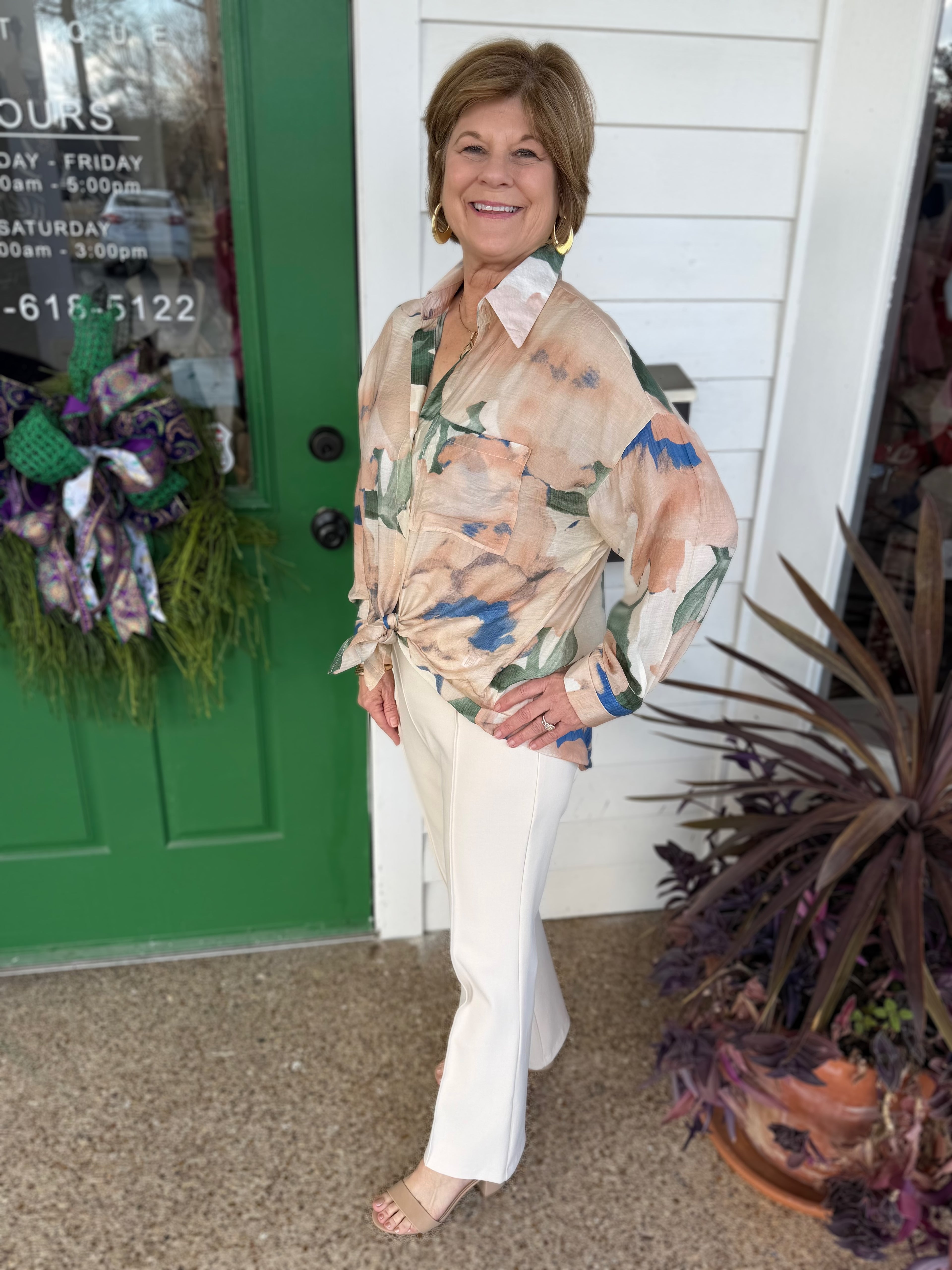 MULTI COLOR WATERCOLOR ABSTRACT PRINT LONG SLEEVE BUTTON UP TOP