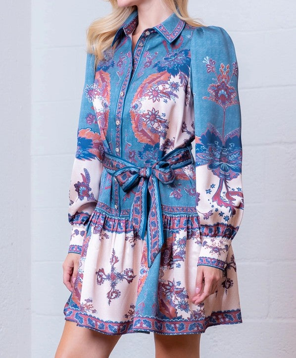 BLUE/CREAM MULTI FLORAL PLACEMENT PRINT BUTTON UP LONG SLEEVE SATIN MINI DRESS